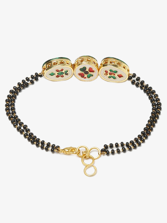 Women's Gold-Polished Black Beaded Kundan Mangalsutra Bracelet - Ruby Raang - Swadesiicart