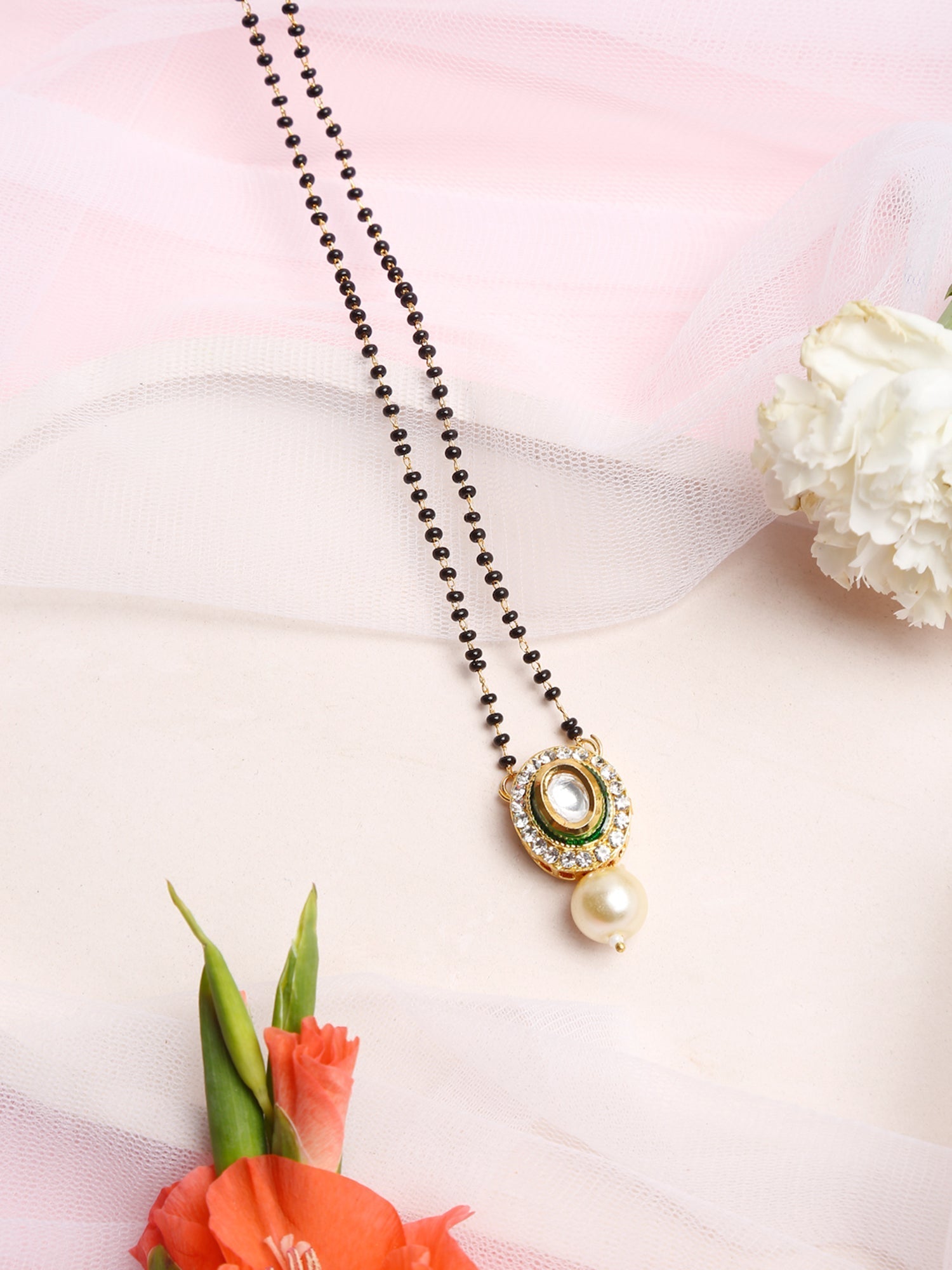 Gold-Polished Black Beaded White Kundan Studded Mangalsutra - Ruby Raang | Swadesiicart