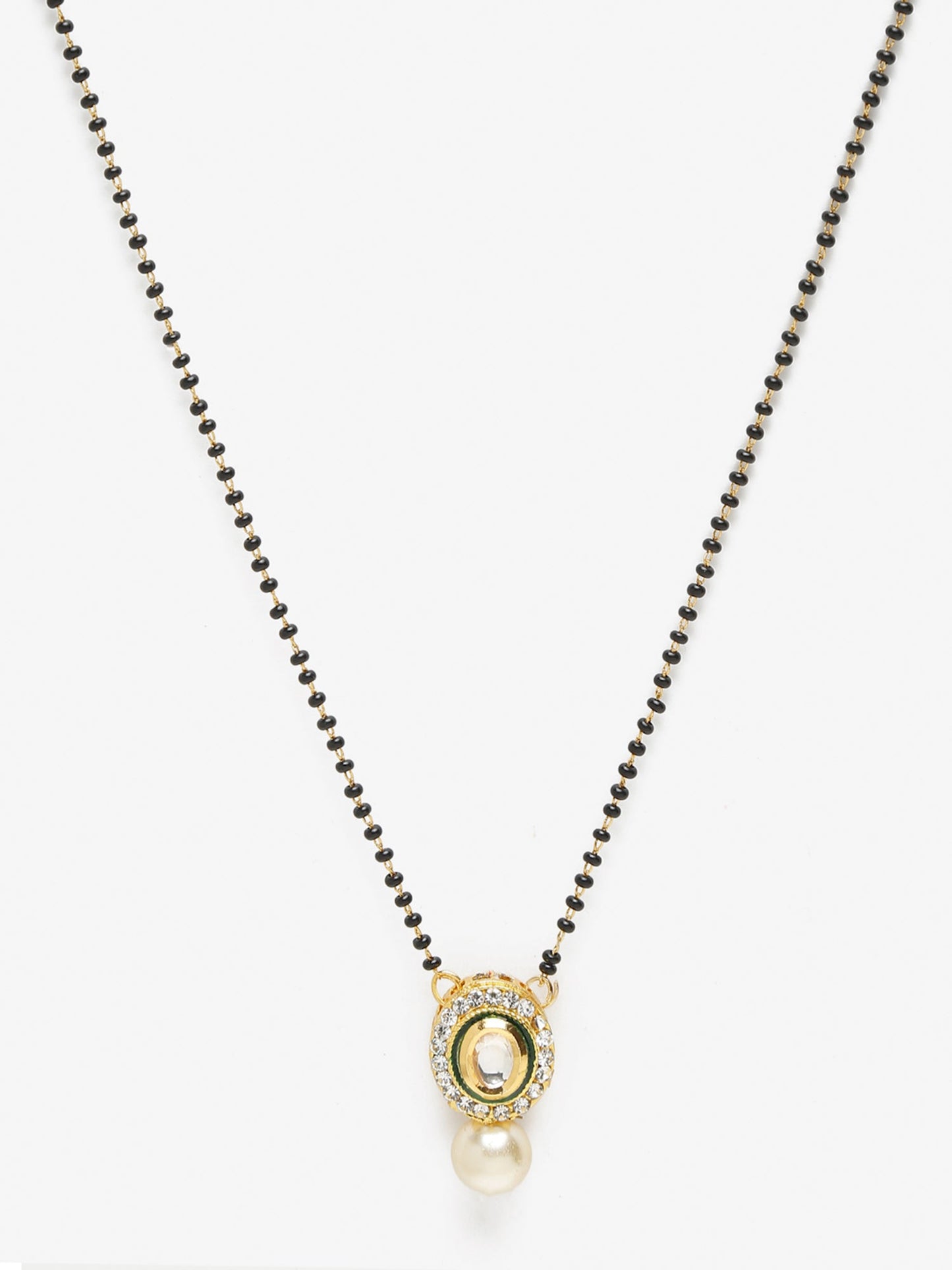Gold-Polished Black Beaded White Kundan Studded Mangalsutra - Ruby Raang | Swadesiicart
