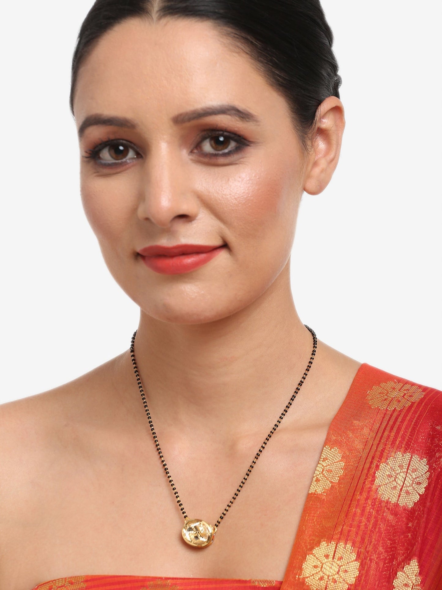 Gold-Polished Black Beaded Kundan Mangalsutra - Ruby Raang | Swadesiicart