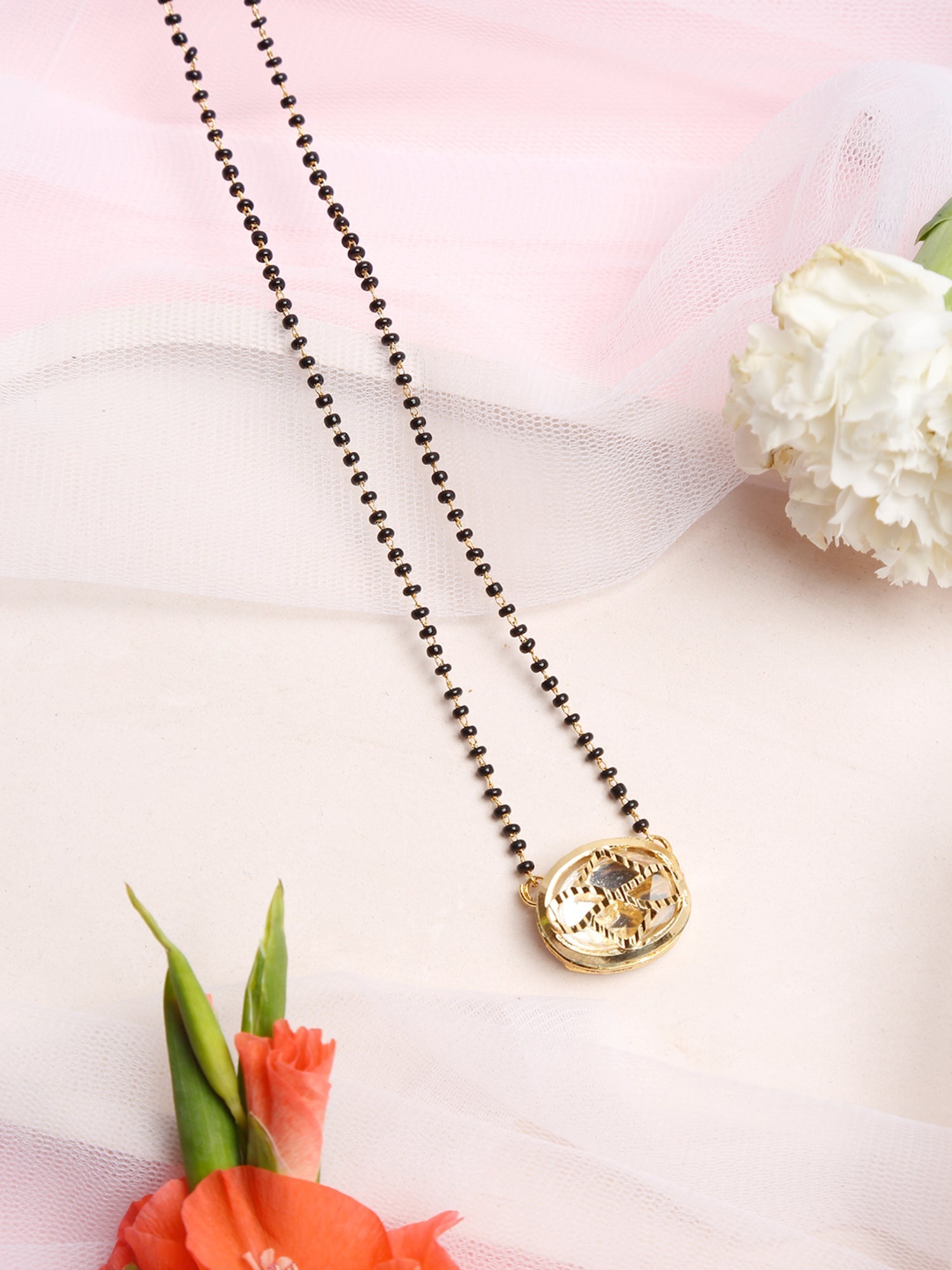Gold-Polished Black Beaded Kundan Mangalsutra - Ruby Raang | Swadesiicart