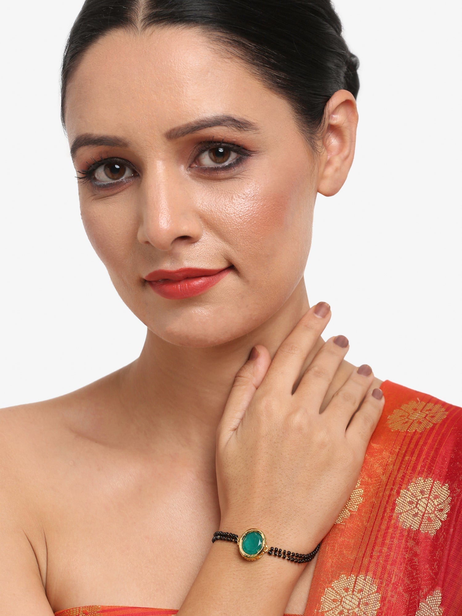 Black Gold-Polished Kundan Mangalsutra Bracelet - Ruby Raang - Swadesiicart