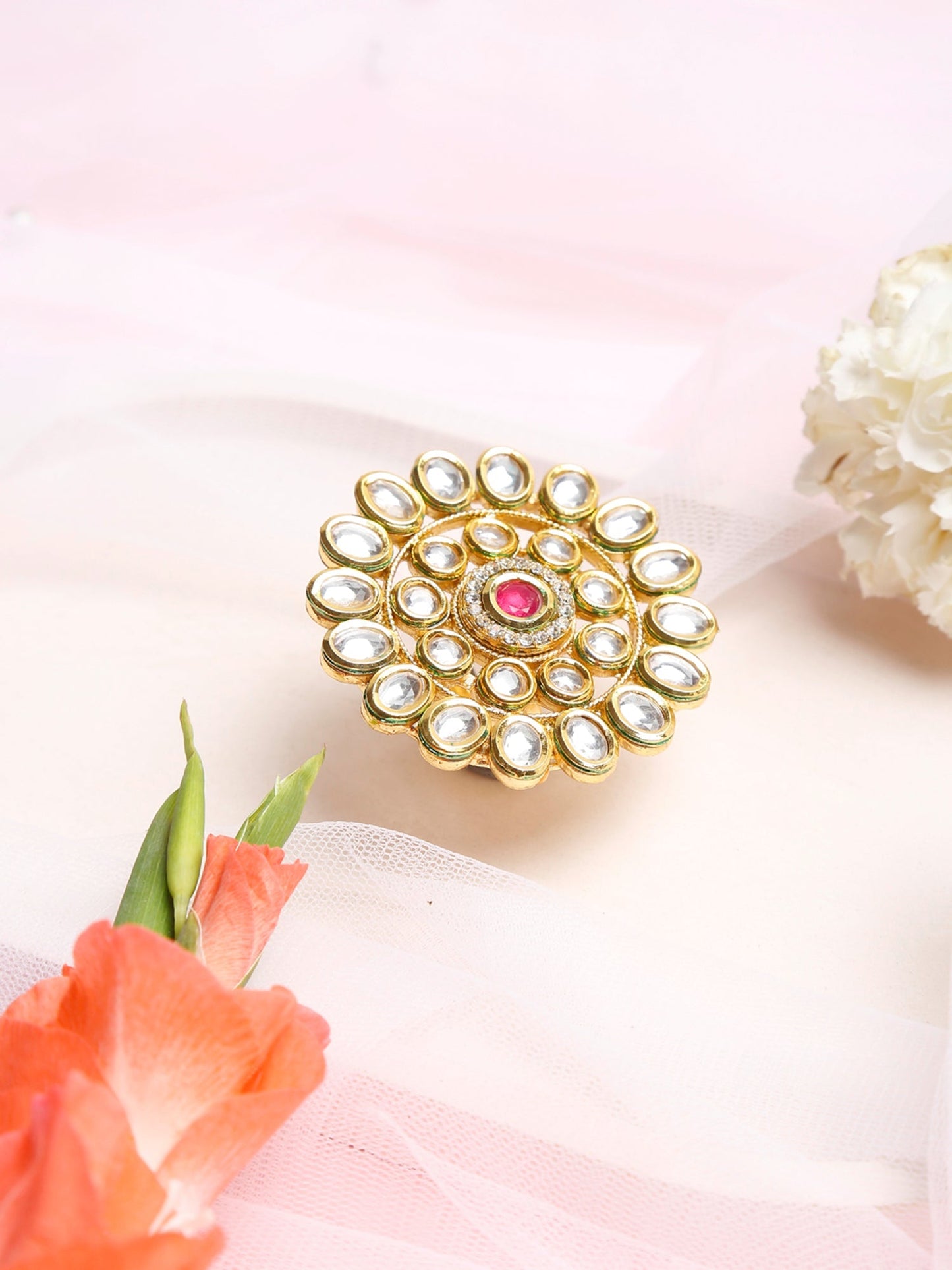 Women's Gold-Polished White Red Kundan-Studded Handcrafted Finger Ring - Ruby Raang | Swadesiicart