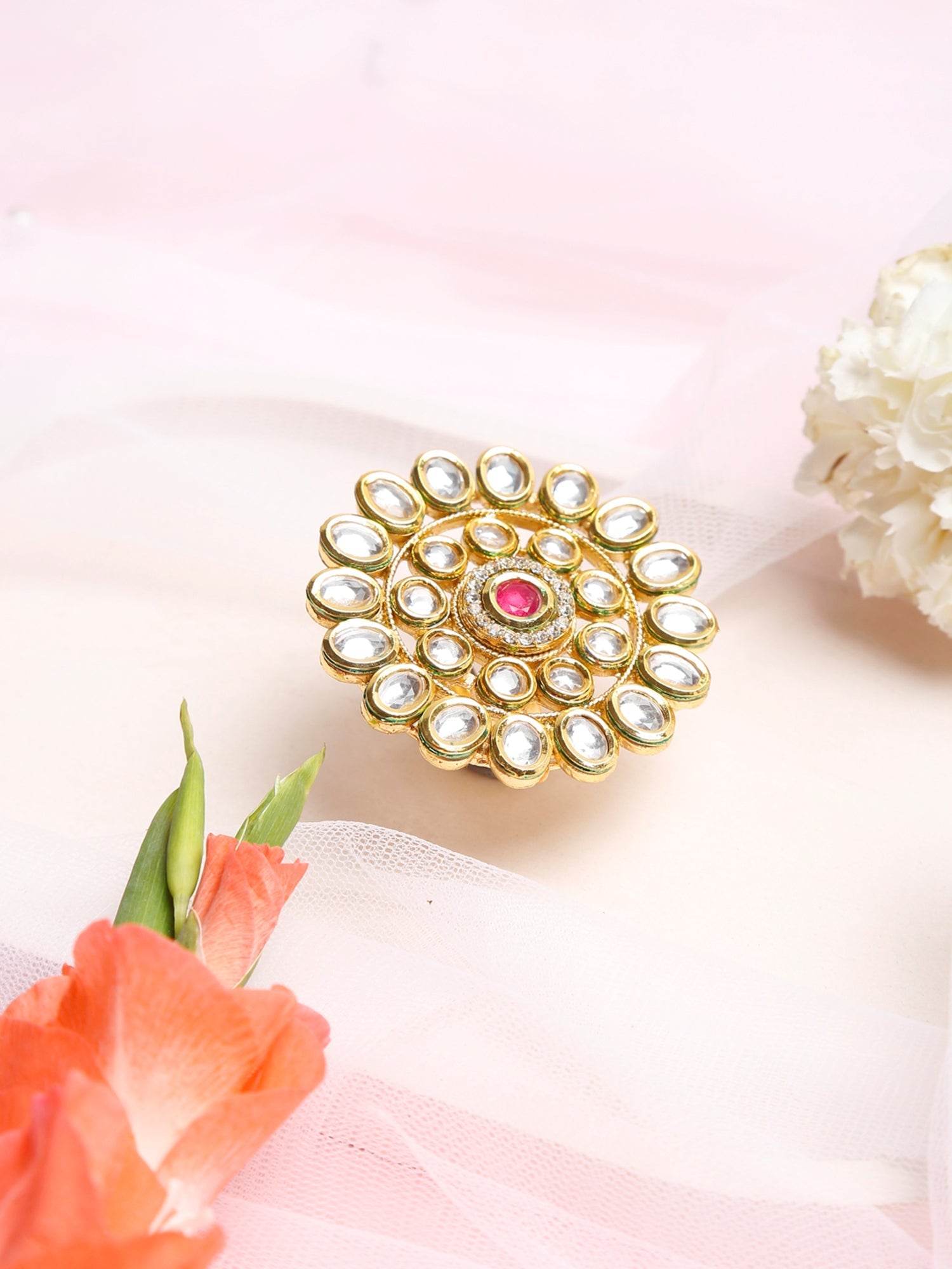 Women's Gold-Polished White Red Kundan-Studded Handcrafted Finger Ring - Ruby Raang | Swadesiicart