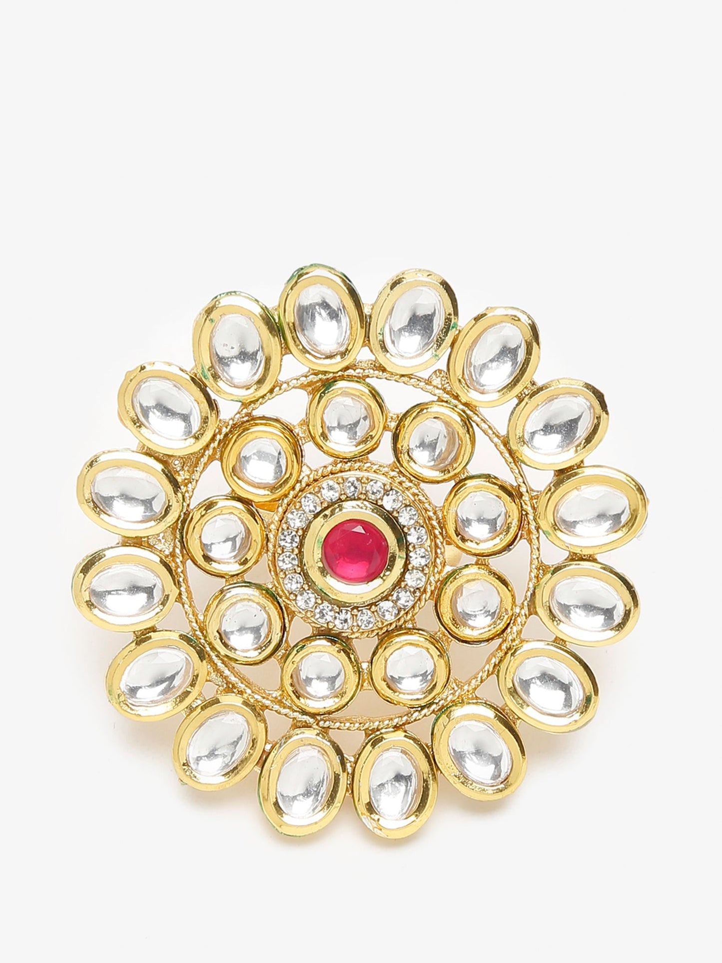 Women's Gold-Polished White Red Kundan-Studded Handcrafted Finger Ring - Ruby Raang | Swadesiicart