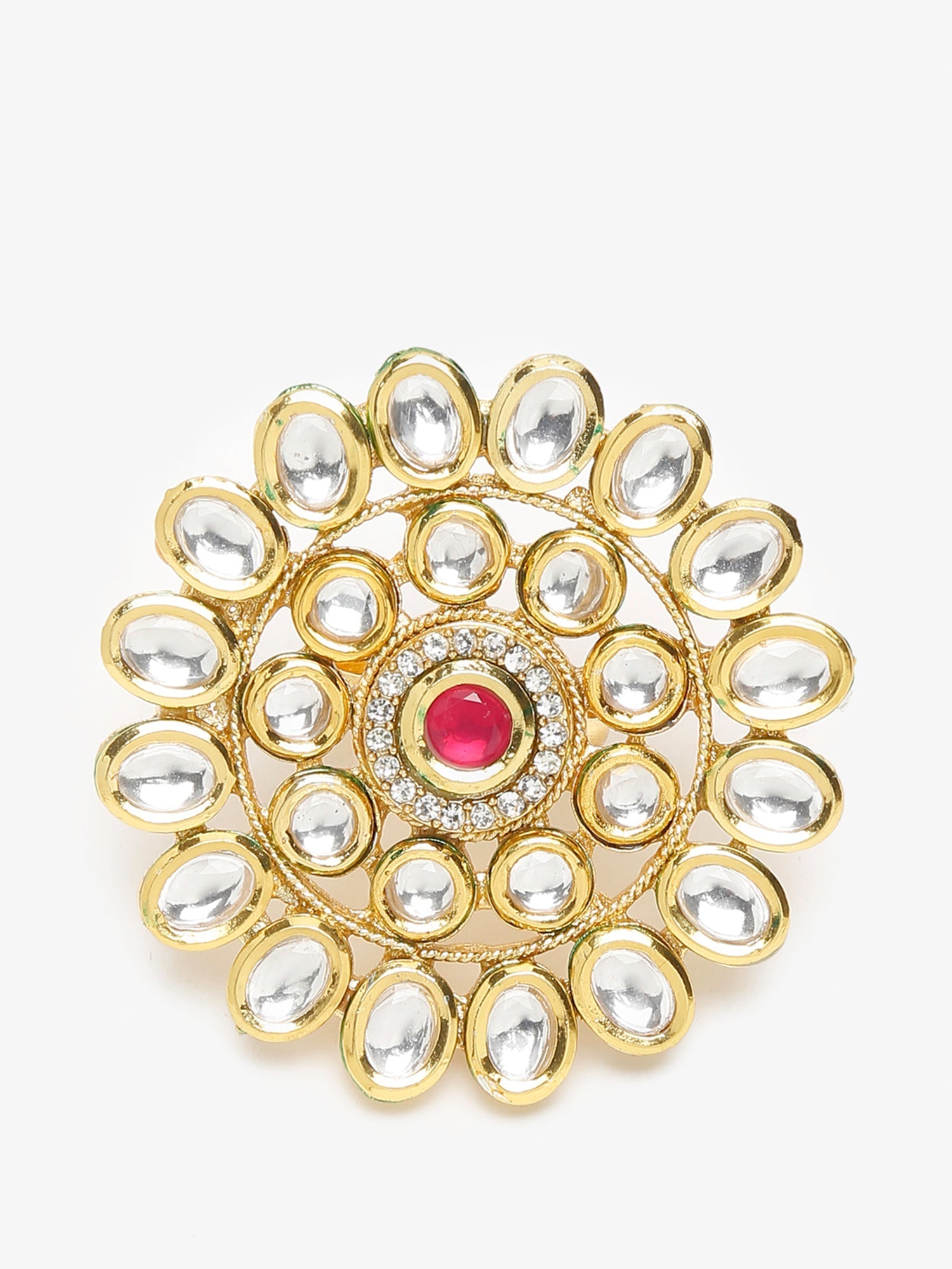 Women's Gold-Polished White Red Kundan-Studded Handcrafted Finger Ring - Ruby Raang | Swadesiicart