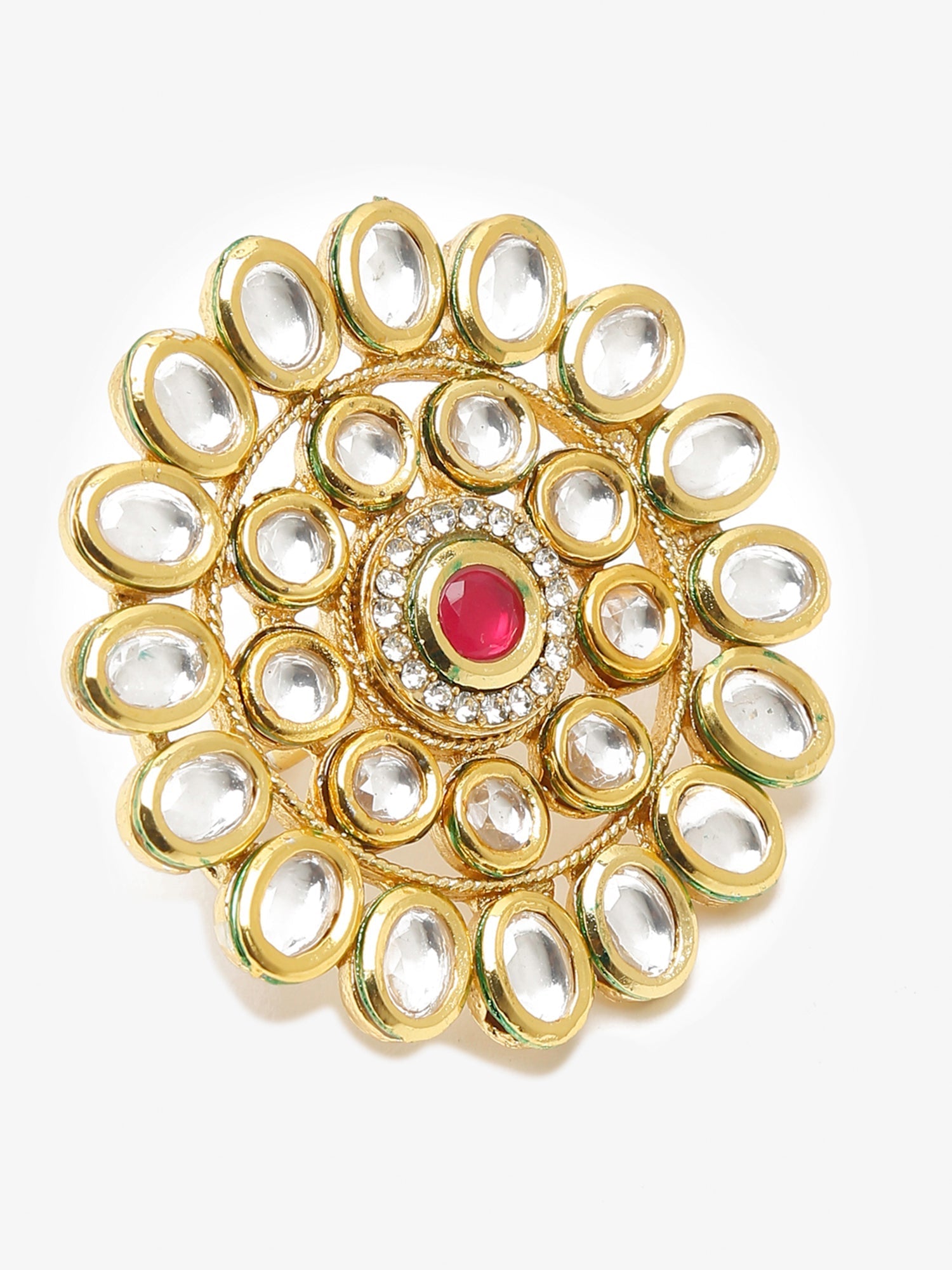 Women's Gold-Polished White Red Kundan-Studded Handcrafted Finger Ring - Ruby Raang | Swadesiicart