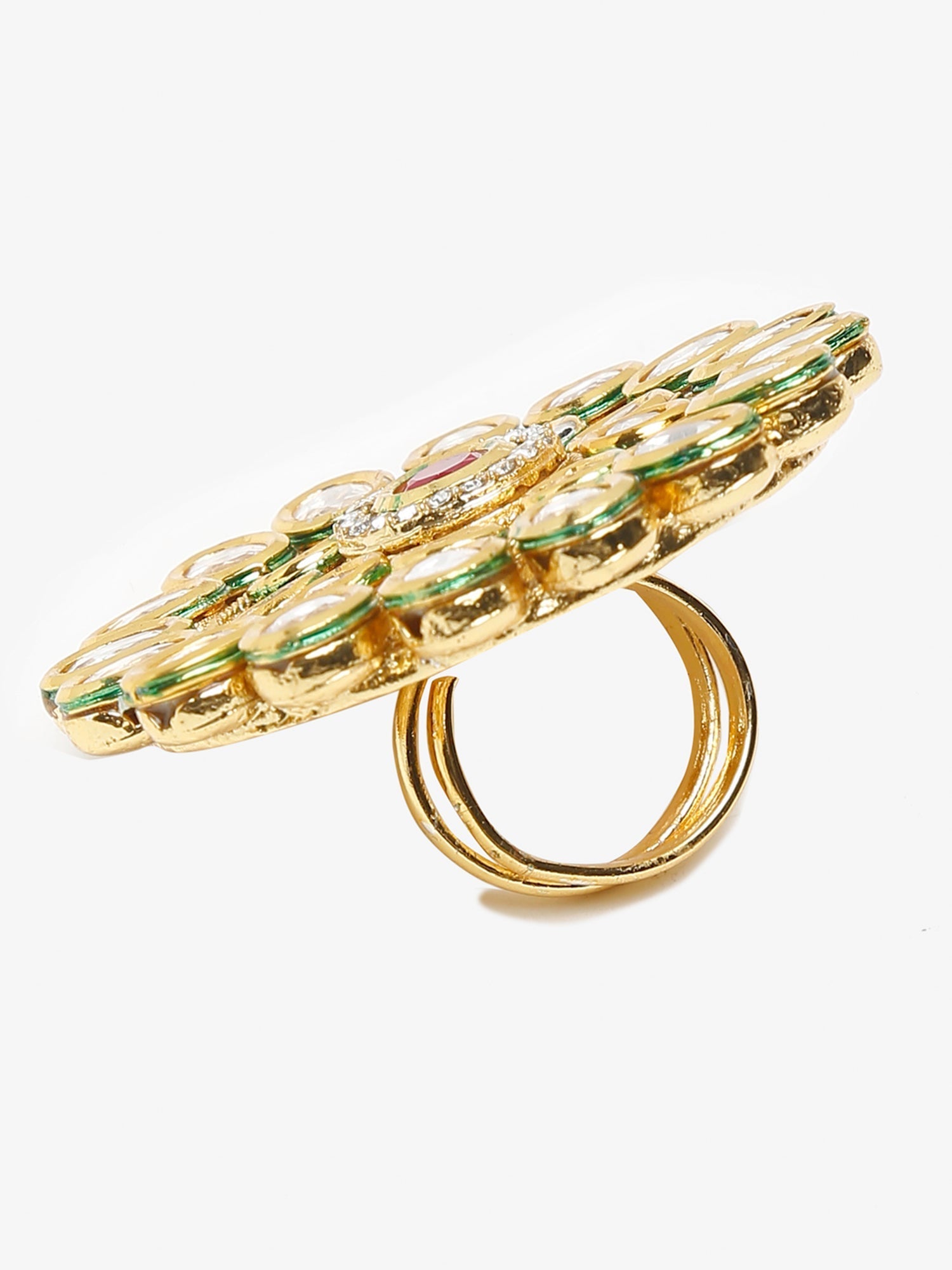 Women's Gold-Polished White Red Kundan-Studded Handcrafted Finger Ring - Ruby Raang | Swadesiicart