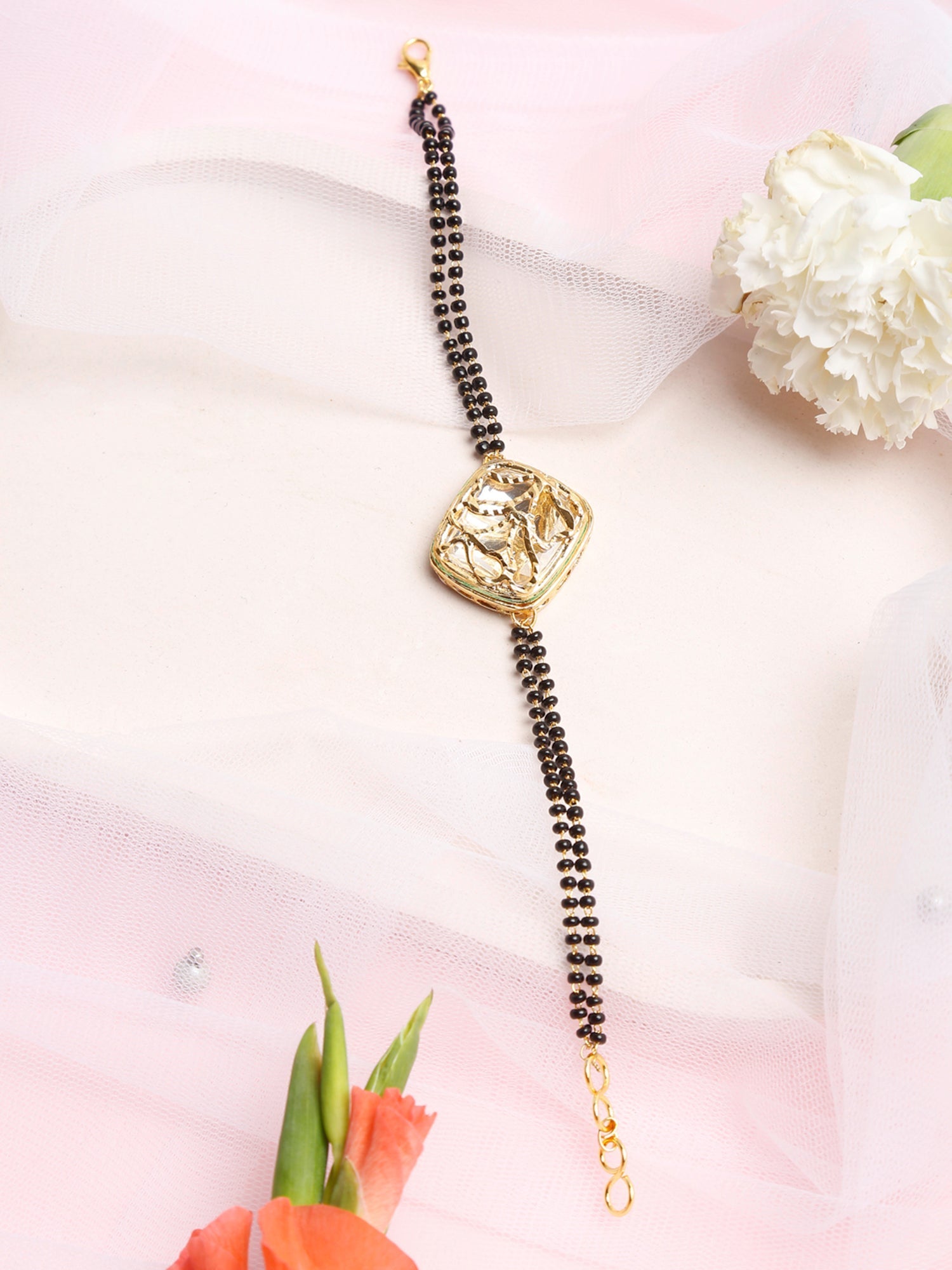 Women's Black Gold-Polished Kundan Mangalsutra Bracelet - Ruby Raang - Swadesiicart