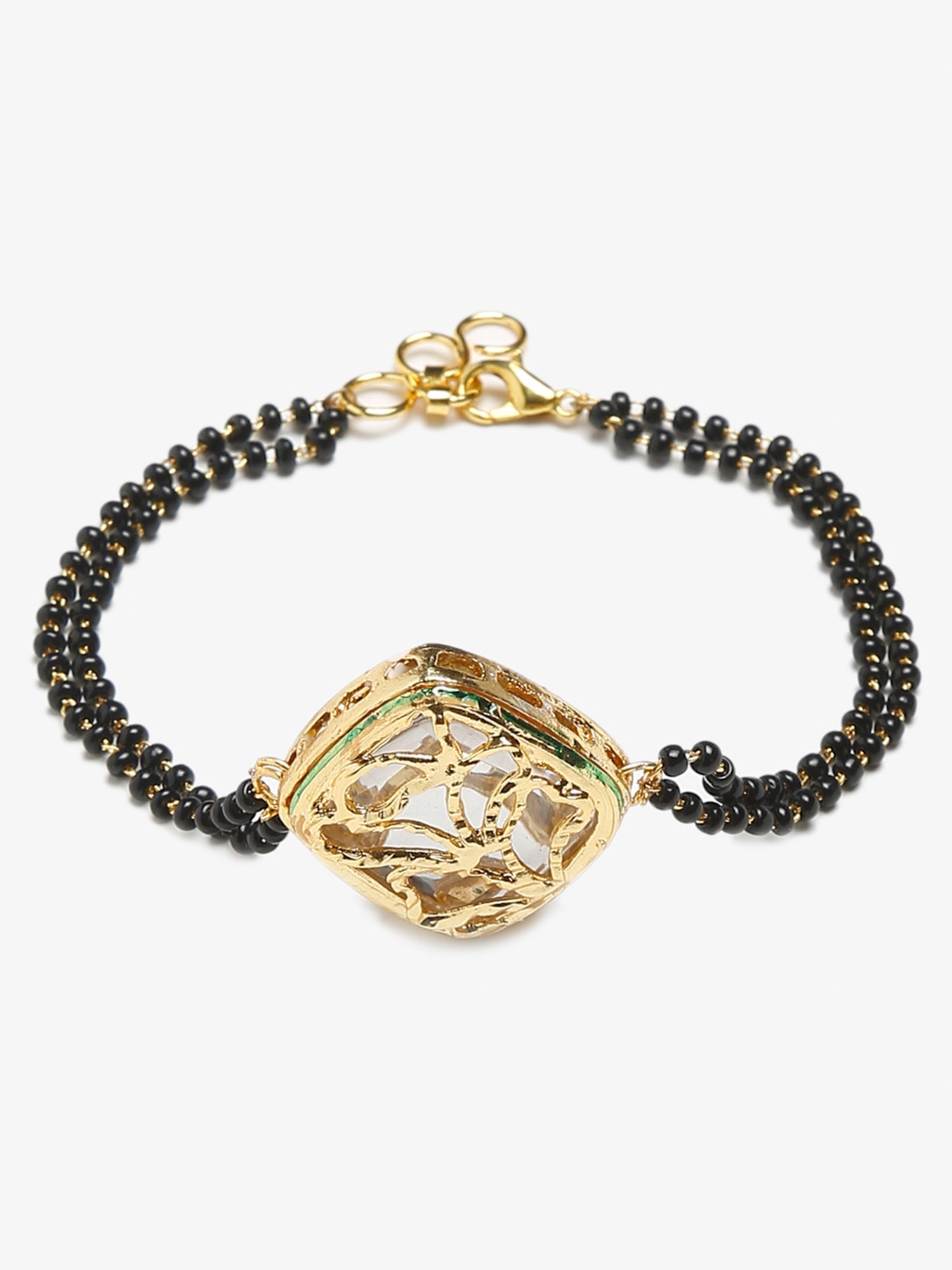 Women's Black Gold-Polished Kundan Mangalsutra Bracelet - Ruby Raang - Swadesiicart