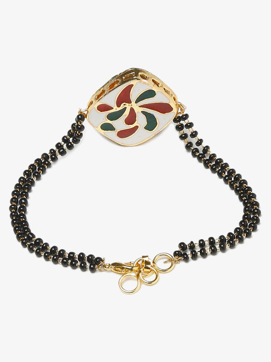 Women's Black Gold-Polished Kundan Mangalsutra Bracelet - Ruby Raang - Swadesiicart