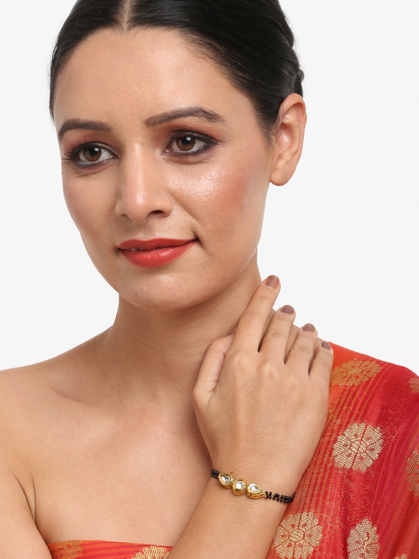 Black Gold-Toned Kundan Bracelet Mangalsutra - Ruby Raang - Swadesiicart