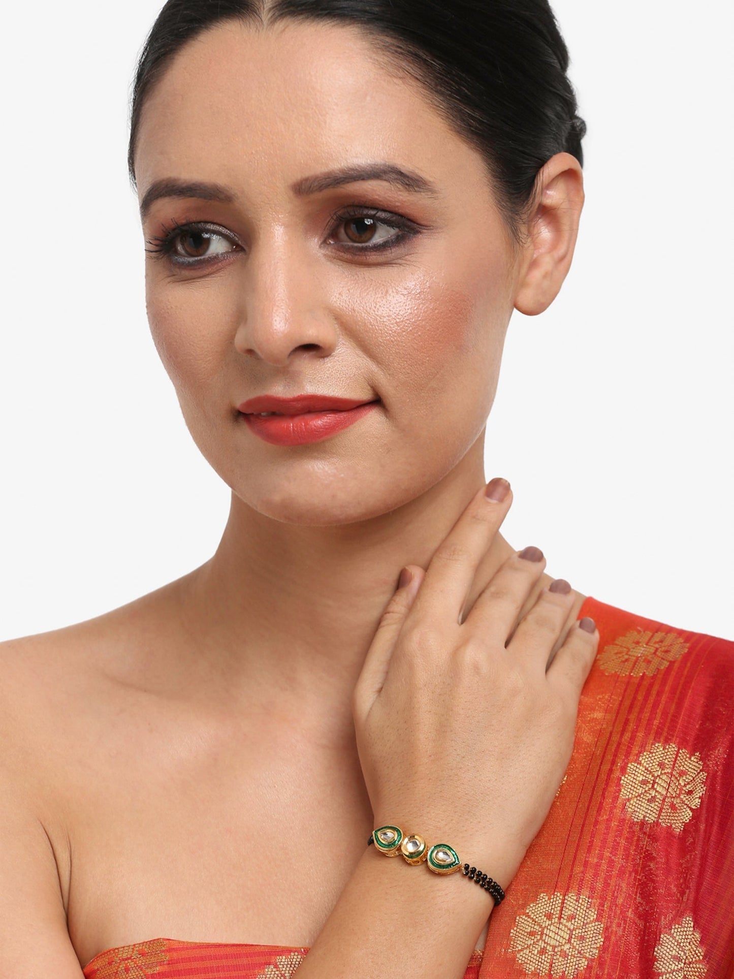 Black Gold-Polished Kundan Bracelet Mangalsutra - Ruby Raang - Swadesiicart