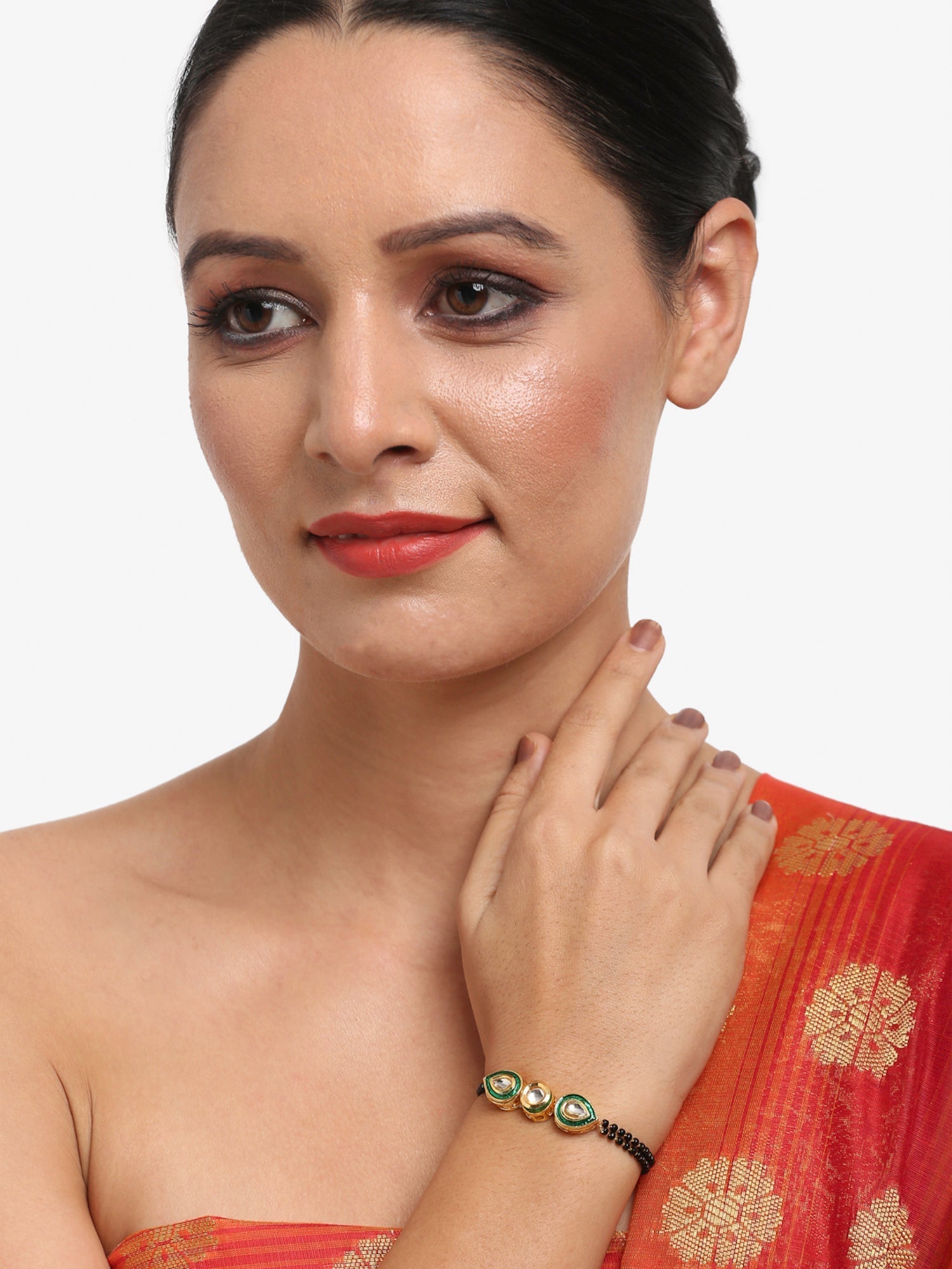 Black Gold-Polished Kundan Bracelet Mangalsutra - Ruby Raang - Swadesiicart