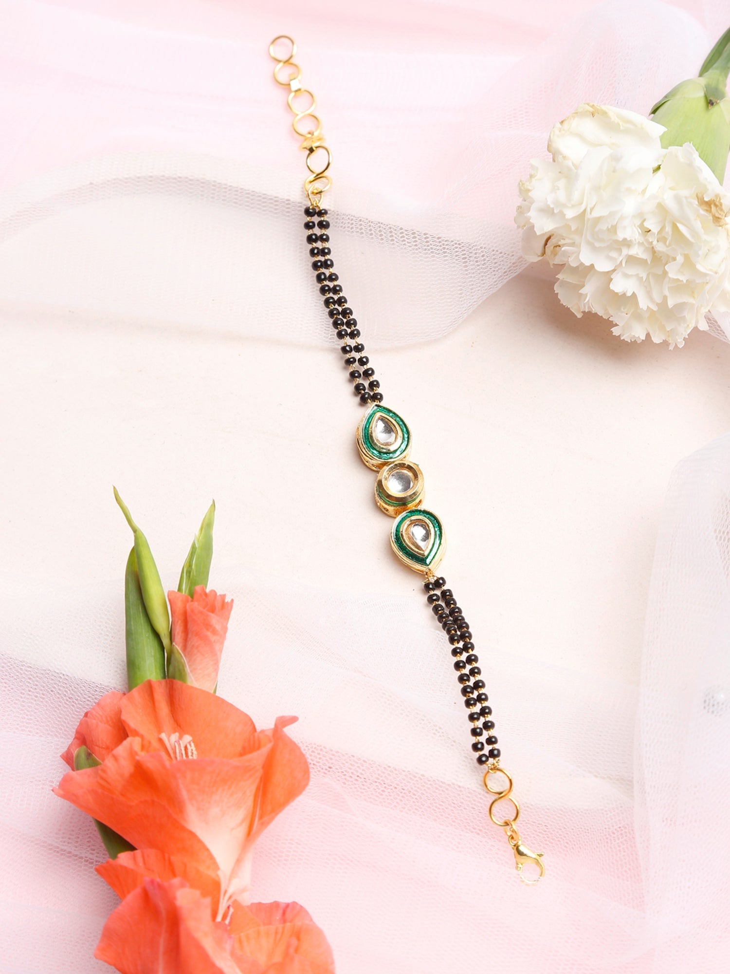 Black Gold-Polished Kundan Bracelet Mangalsutra - Ruby Raang - Ruby Raang Studio