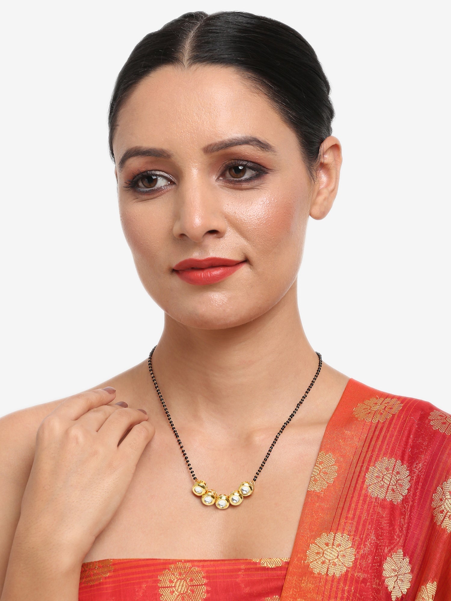 Black Gold-Polished Beaded White Kundan Studded Mangalsutra - Ruby Raang | Swadesiicart