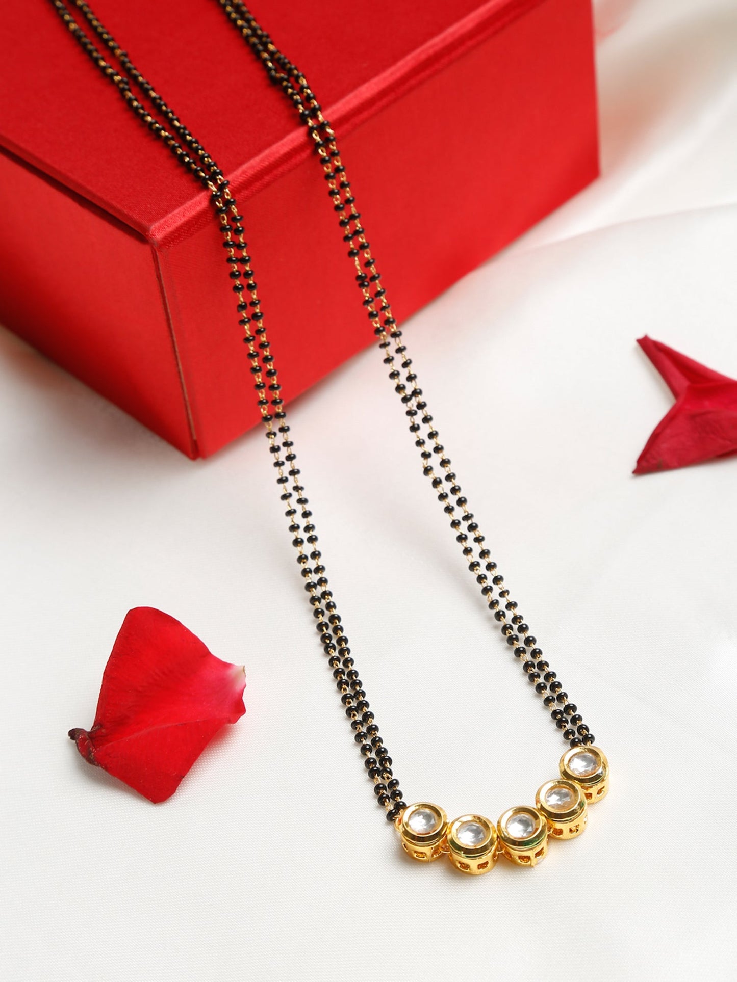 Black Gold-Polished Beaded White Kundan Studded Mangalsutra - Ruby Raang | Swadesiicart