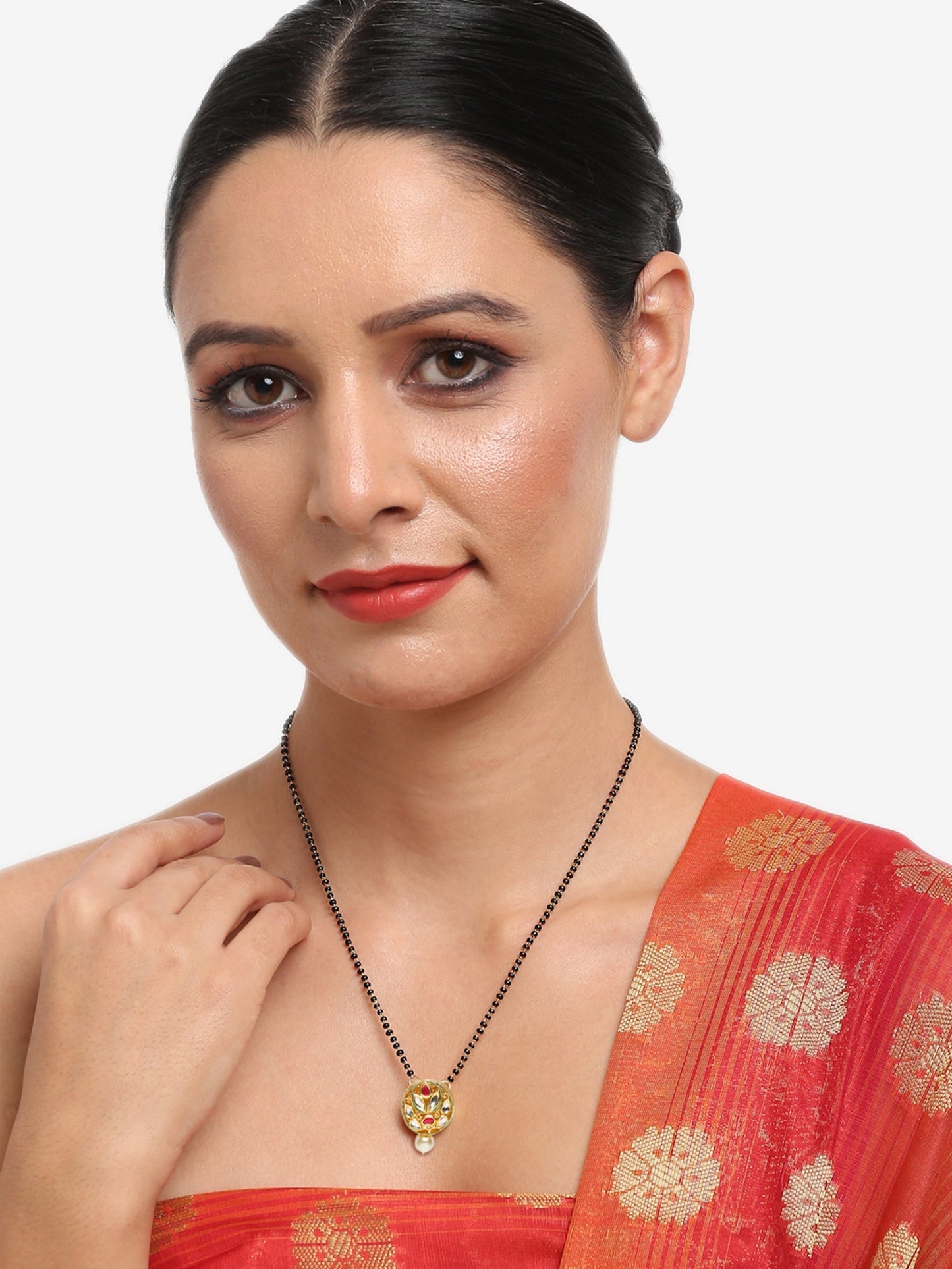 Gold-Polished Black Beaded White Kundan Studded Mangalsutra - Ruby Raang | Swadesiicart