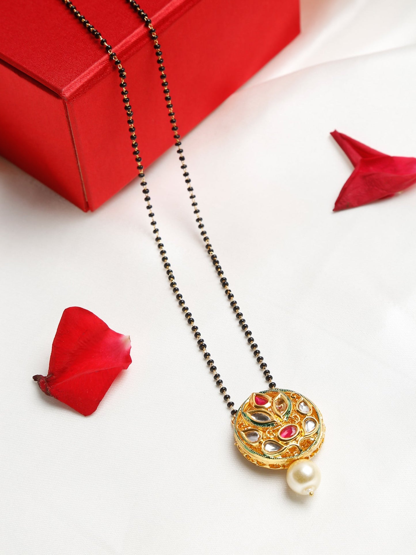 Gold-Polished Black Beaded White Kundan Studded Mangalsutra - Ruby Raang | Swadesiicart
