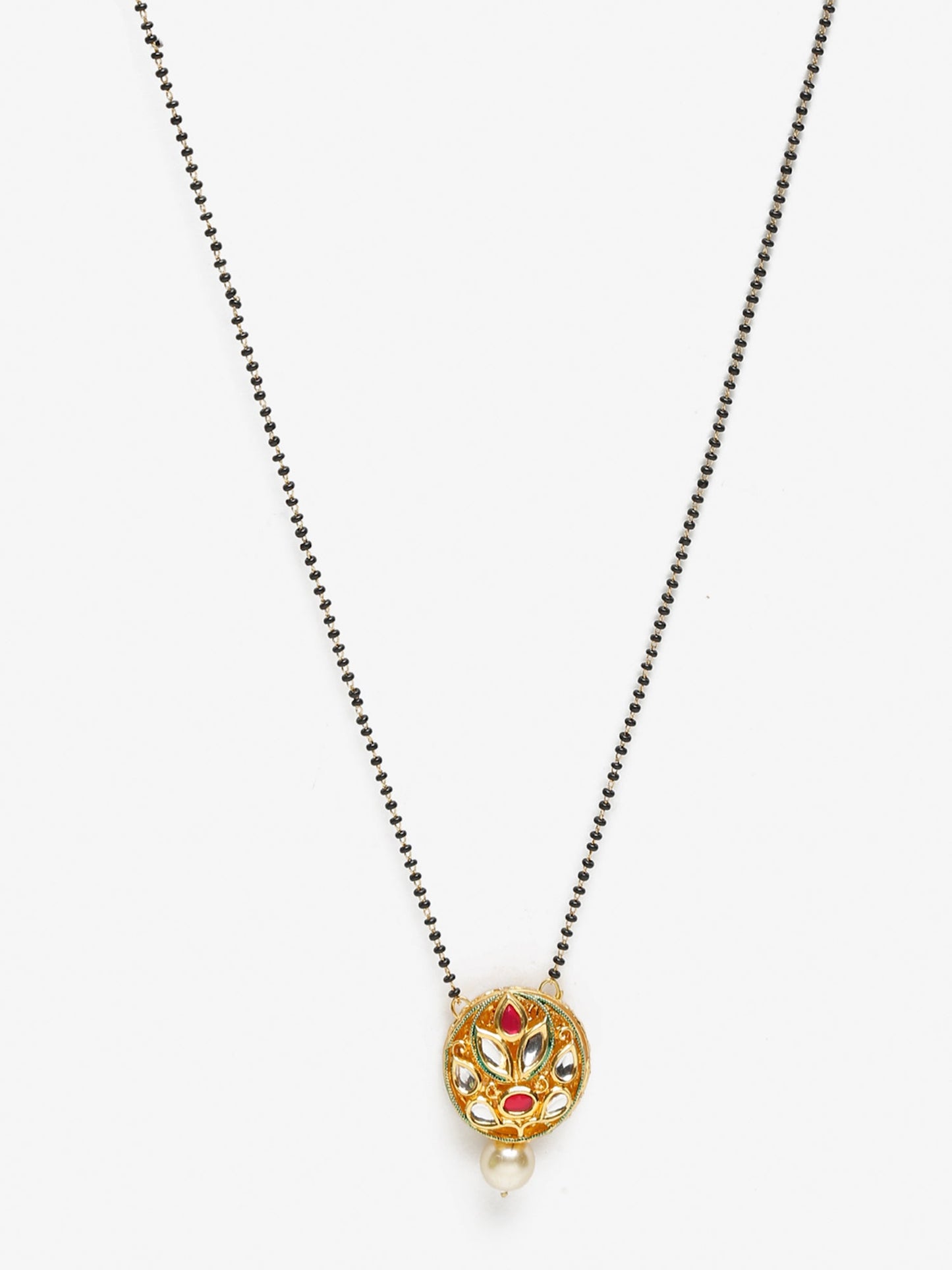 Gold-Polished Black Beaded White Kundan Studded Mangalsutra - Ruby Raang | Swadesiicart