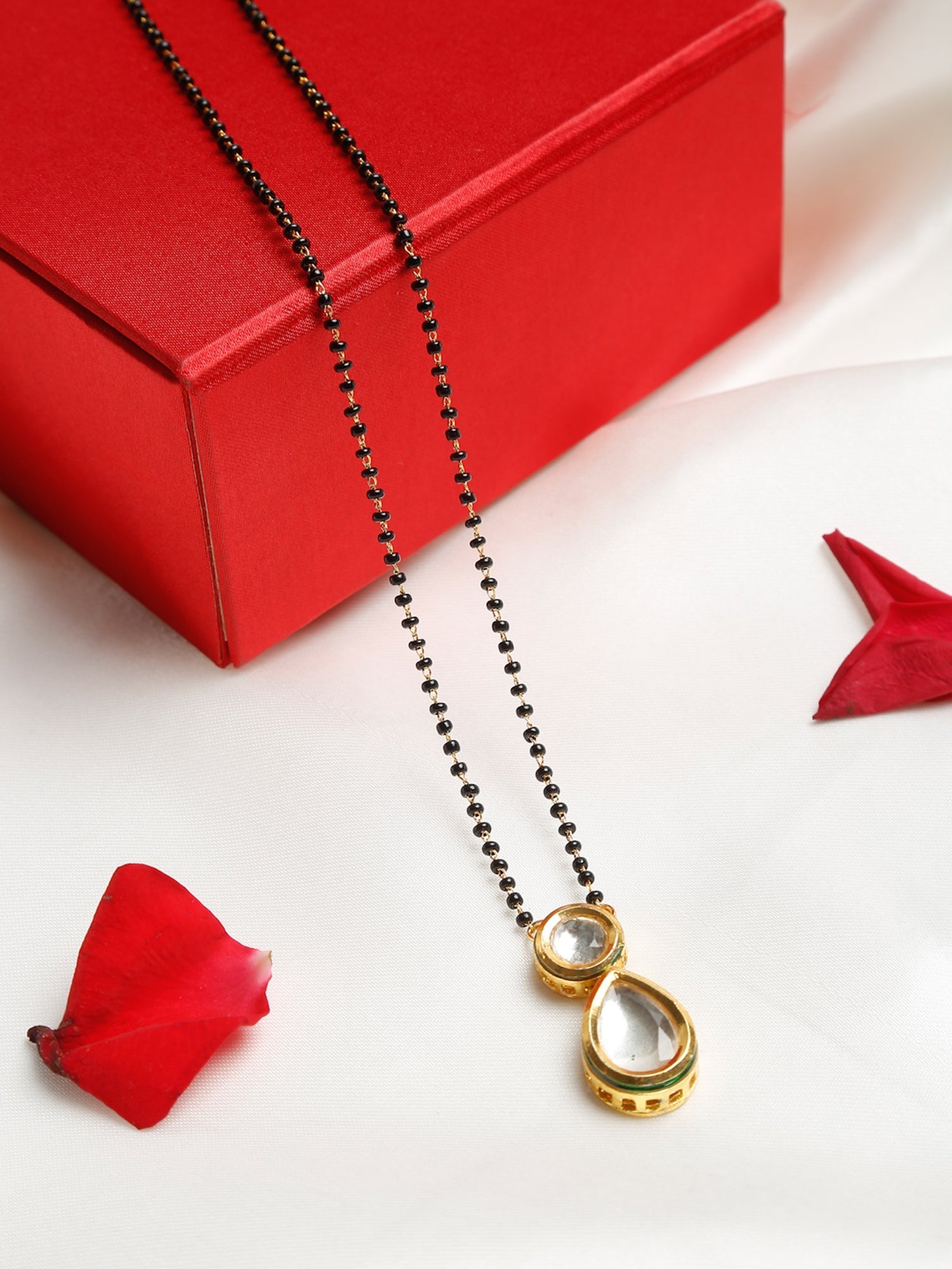 Black Gold-Toned Beads Kundan Studded Mangalsutra - Ruby Raang | Swadesiicart