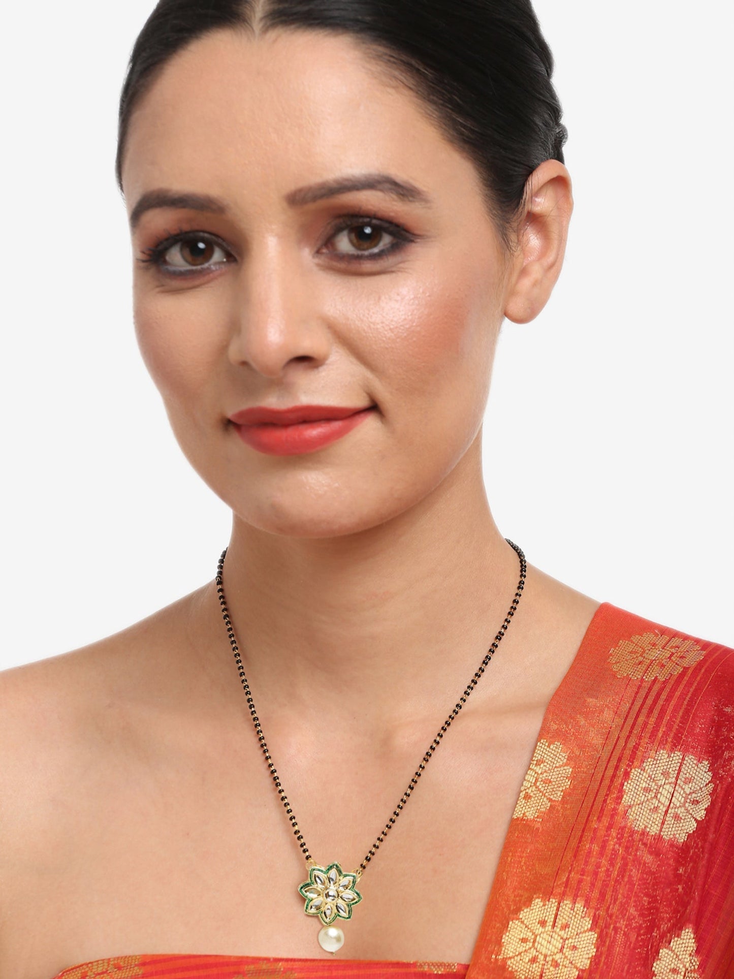 Gold-Polished Black Beaded White Kundan Studded Handcrafted Mangalsutra - Ruby Raang | Swadesiicart