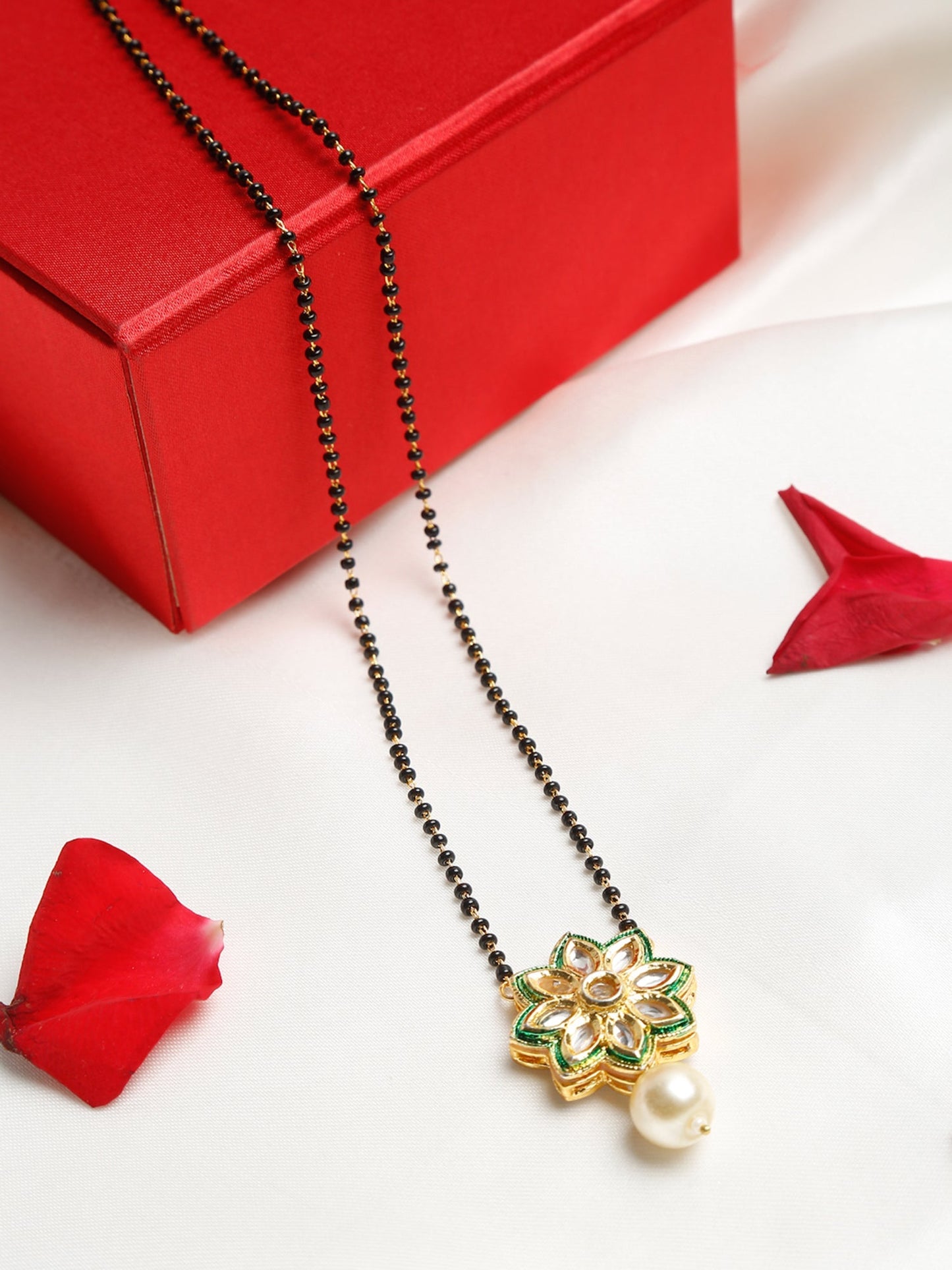 Gold-Polished Black Beaded White Kundan Studded Handcrafted Mangalsutra - Ruby Raang | Swadesiicart