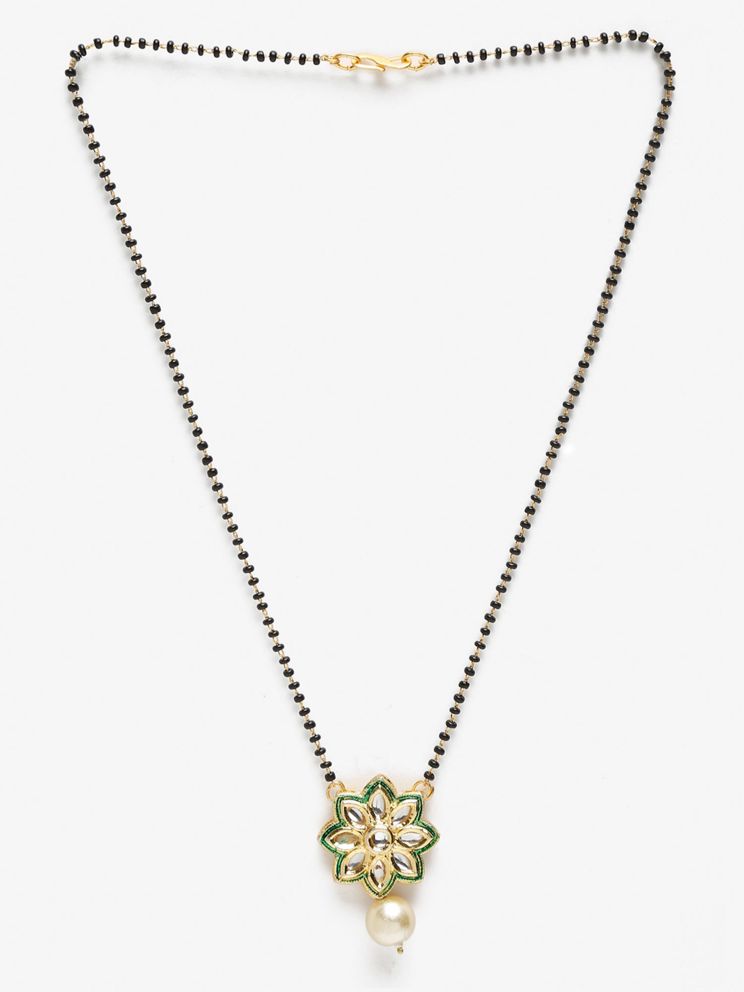 Gold-Polished Black Beaded White Kundan Studded Handcrafted Mangalsutra - Ruby Raang | Swadesiicart