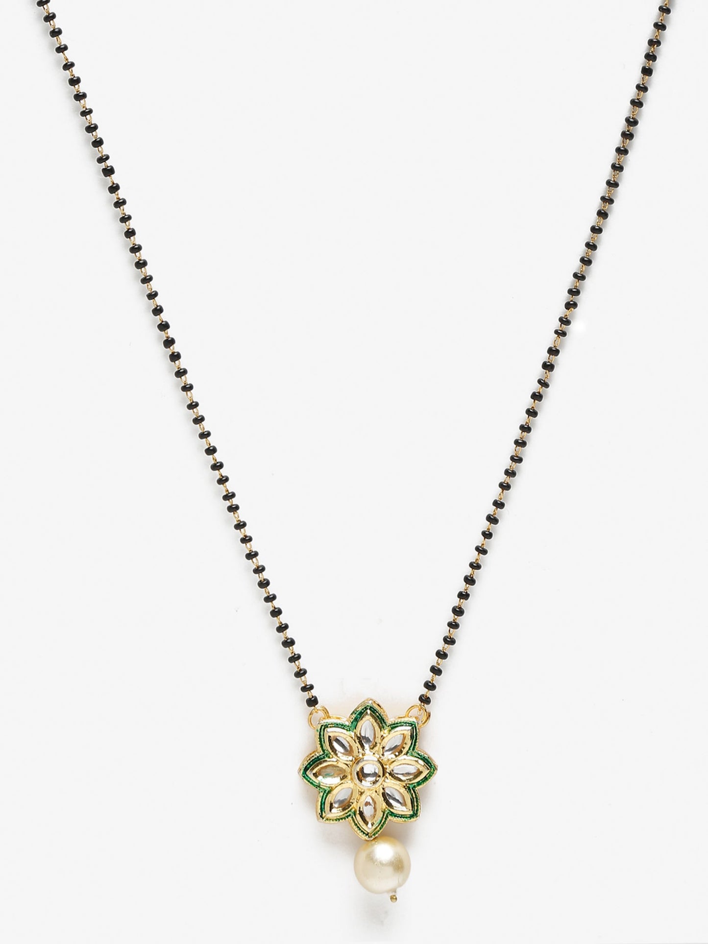 Gold-Polished Black Beaded White Kundan Studded Handcrafted Mangalsutra - Ruby Raang | Swadesiicart