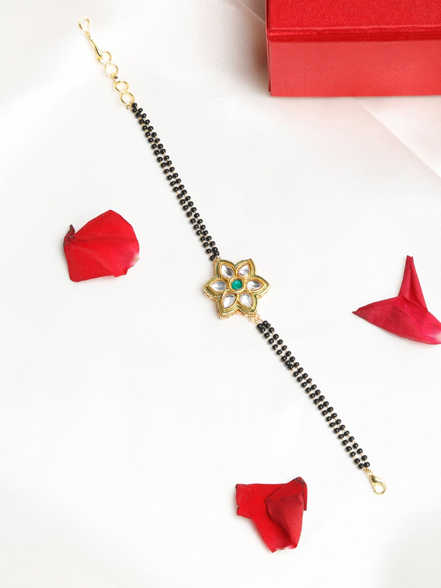 Black Gold-Polished Kundan Studded Mangalsutra Bracelet - Ruby Raang - Swadesiicart