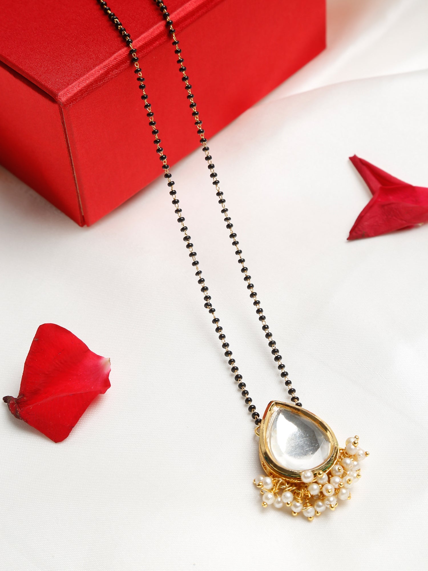 Gold-Polished White Black Kundan-Studded Beaded Mangalsutra - Ruby Raang | Swadesiicart