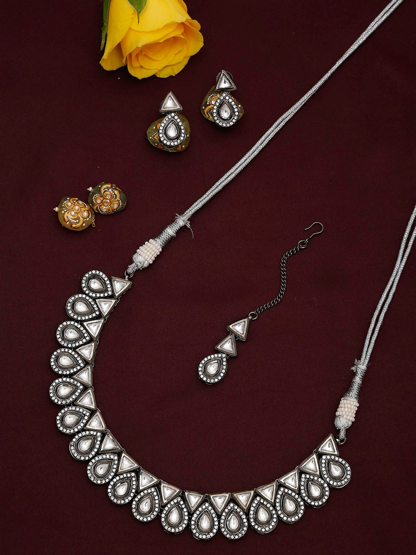 Silver Kundan Choker With Earrings And Maang Tikka - Ruby Raang | Swadesiicart