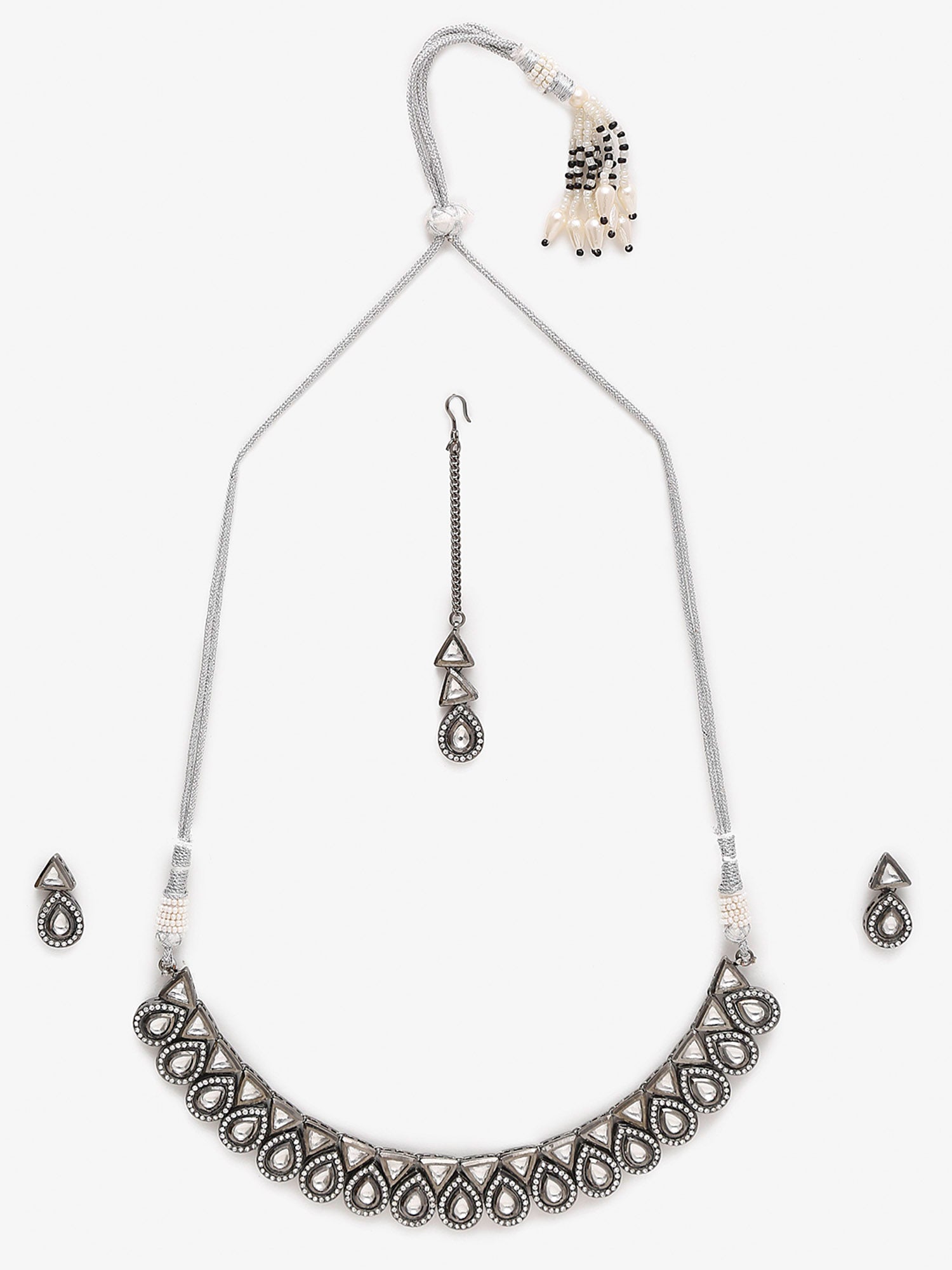 Silver Kundan Choker With Earrings And Maang Tikka - Ruby Raang | Swadesiicart
