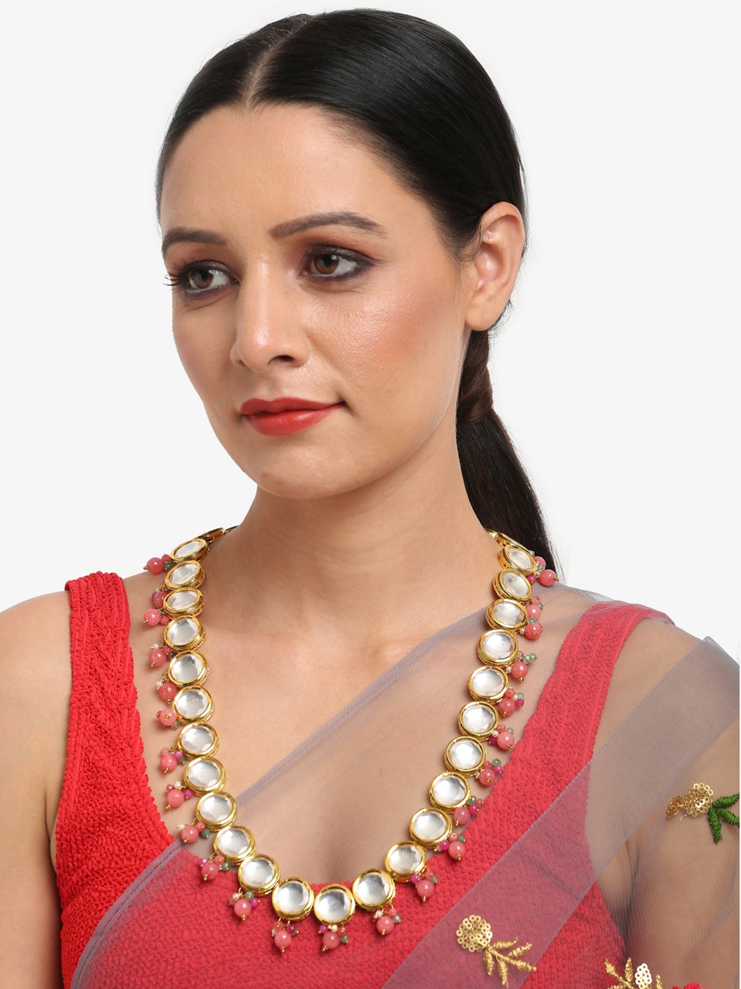 Gold-Polished Pink Kundan Pearls Studded Necklace - Ruby Raang | Swadesiicart