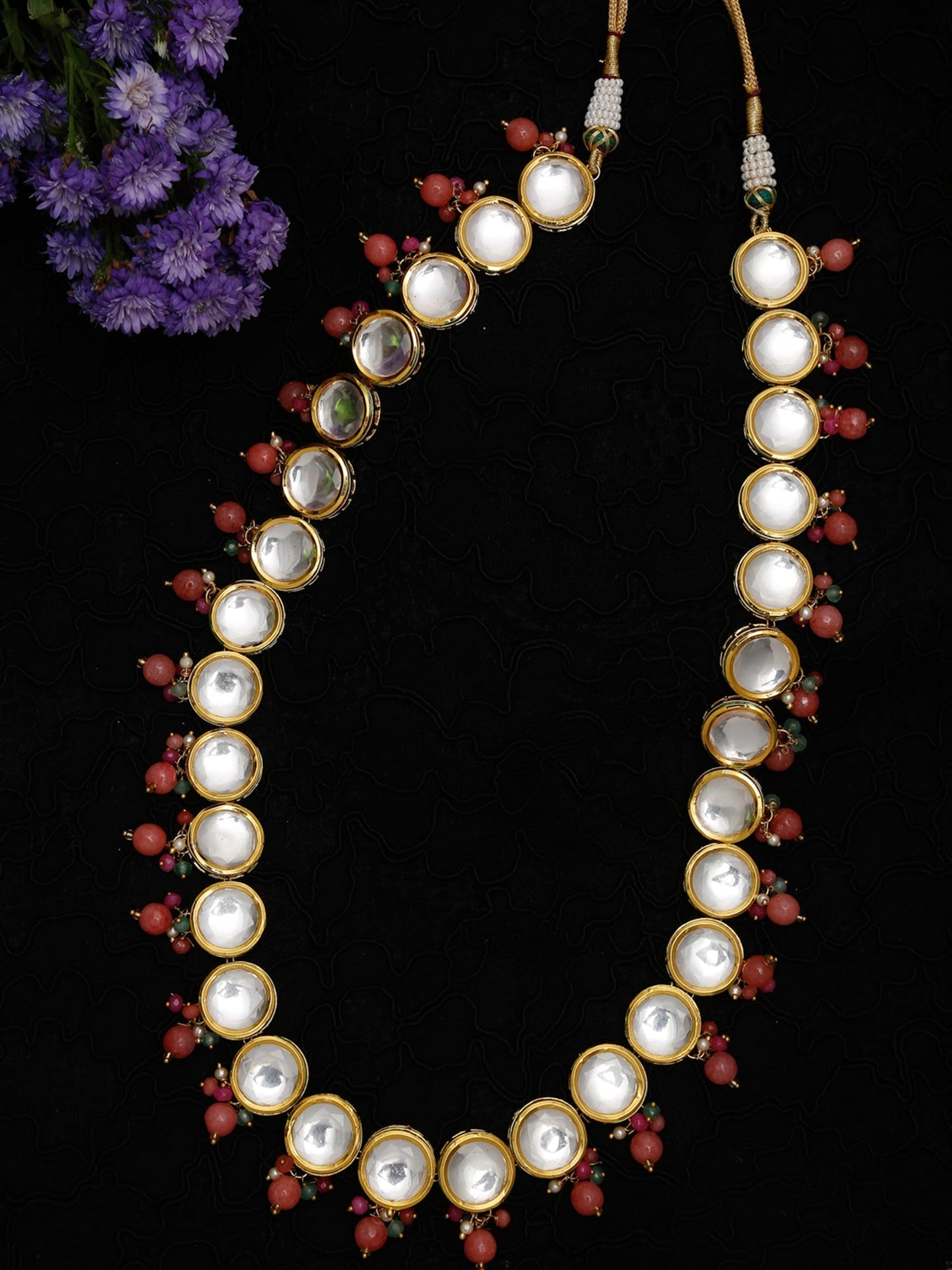 Gold-Polished Pink Kundan Pearls Studded Necklace - Ruby Raang | Swadesiicart