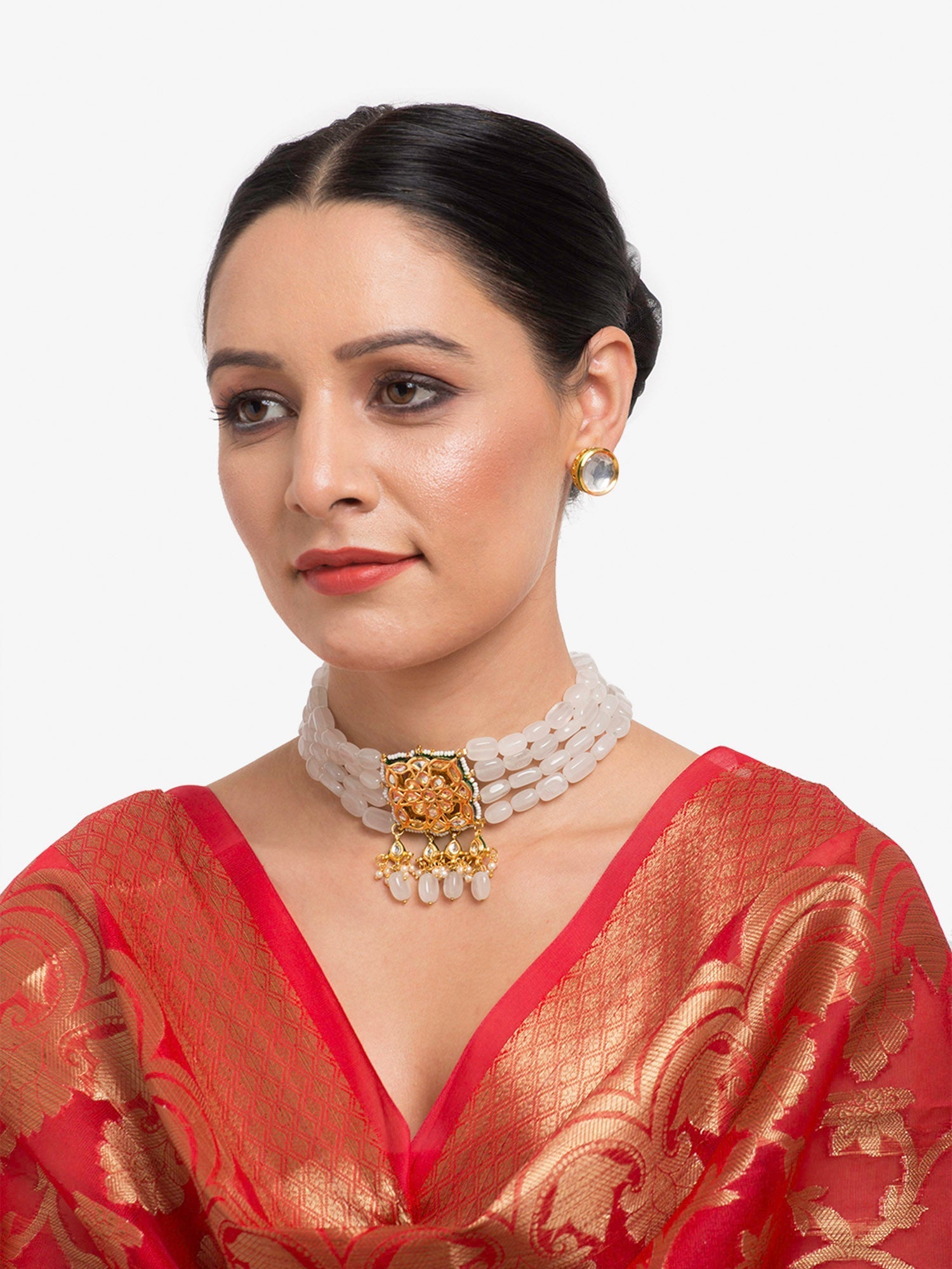 Gold-Polished White Kundan Stone Studded Handcrafted Jewellery Set - Ruby Raang - Ruby Raang Studio