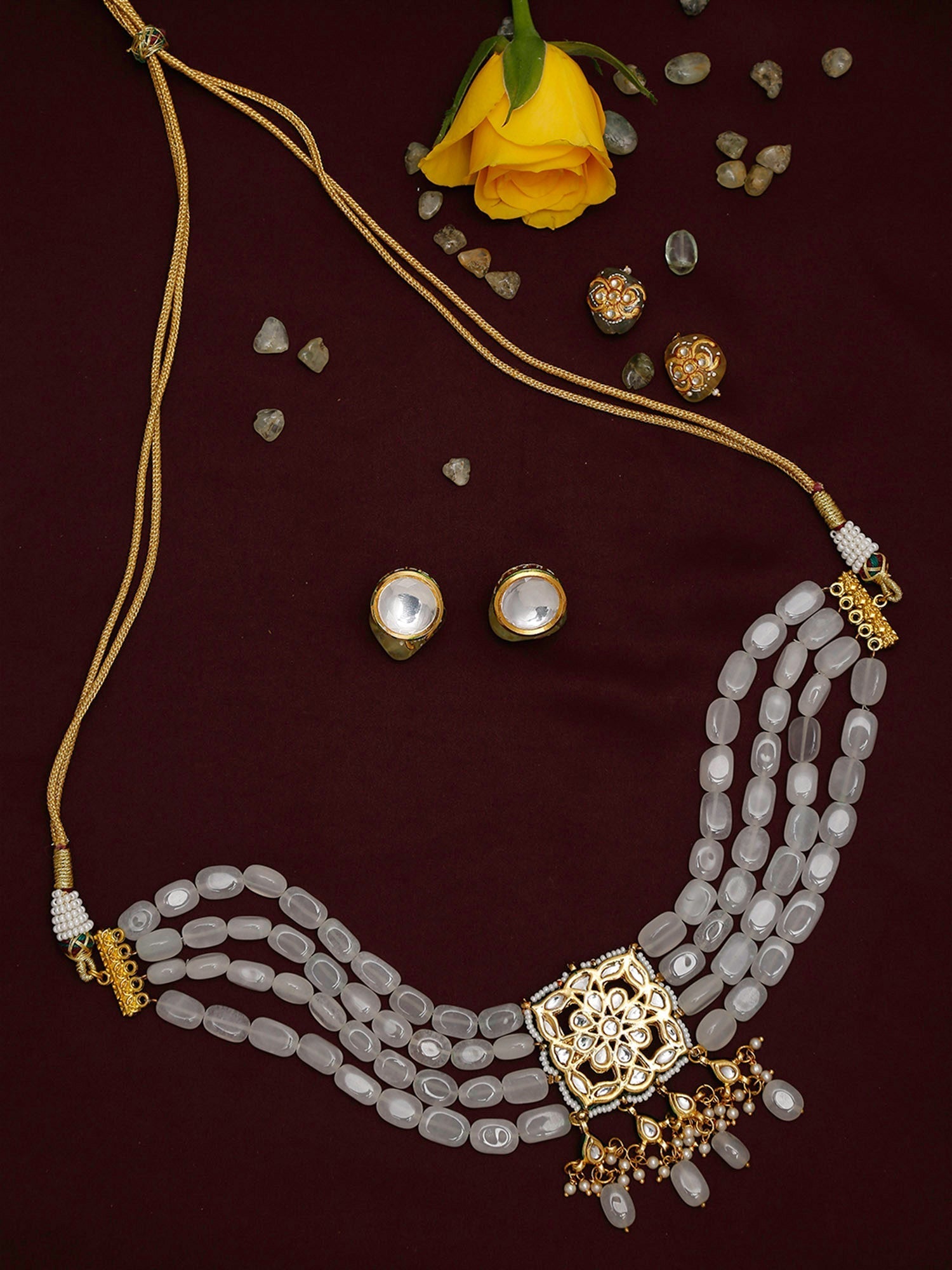 Gold-Polished White Kundan Stone Studded Handcrafted Jewellery Set - Ruby Raang - Swadesiicart