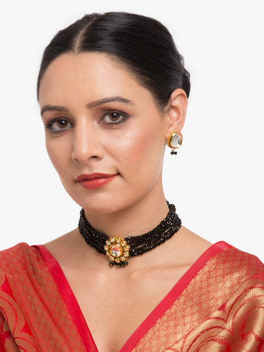 Gold-Polished White Black Kundan-Studded Beaded Handcrafted Jewellery Set - Ruby Raang - Ruby Raang Studio