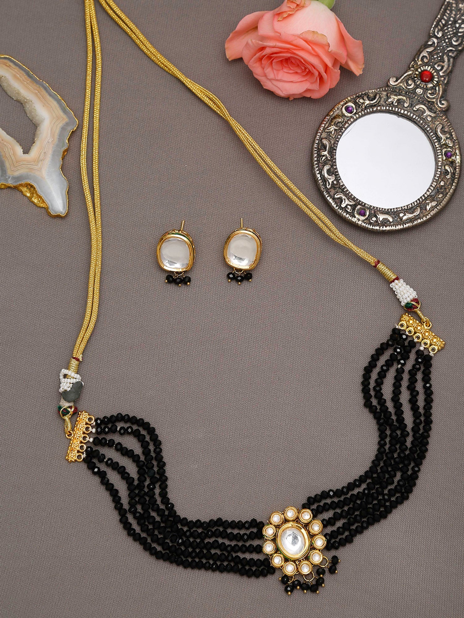 Gold-Polished White Black Kundan-Studded Beaded Handcrafted Jewellery Set - Ruby Raang - Swadesiicart