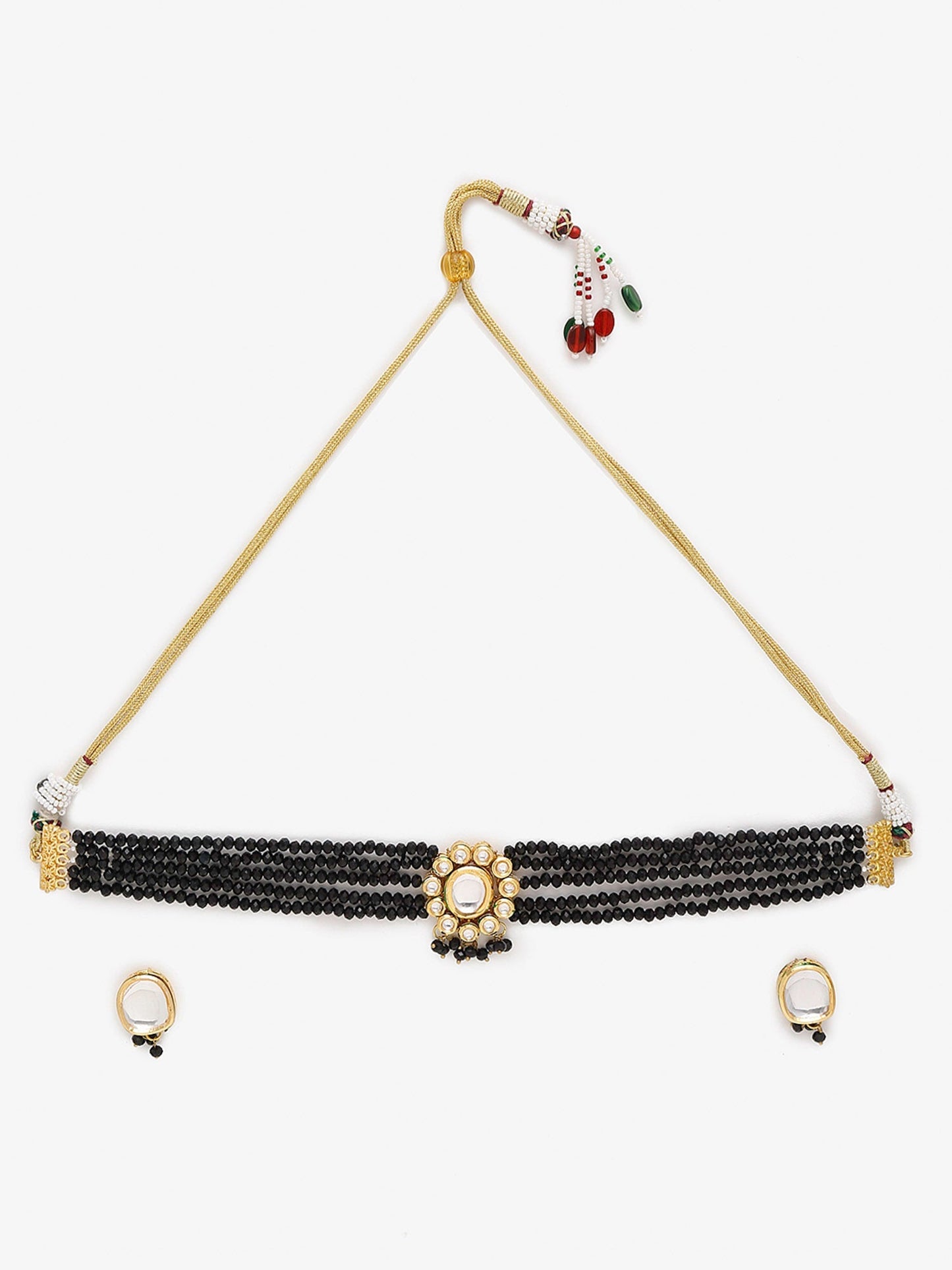 Gold-Polished White Black Kundan-Studded Beaded Handcrafted Jewellery Set - Ruby Raang - Swadesiicart