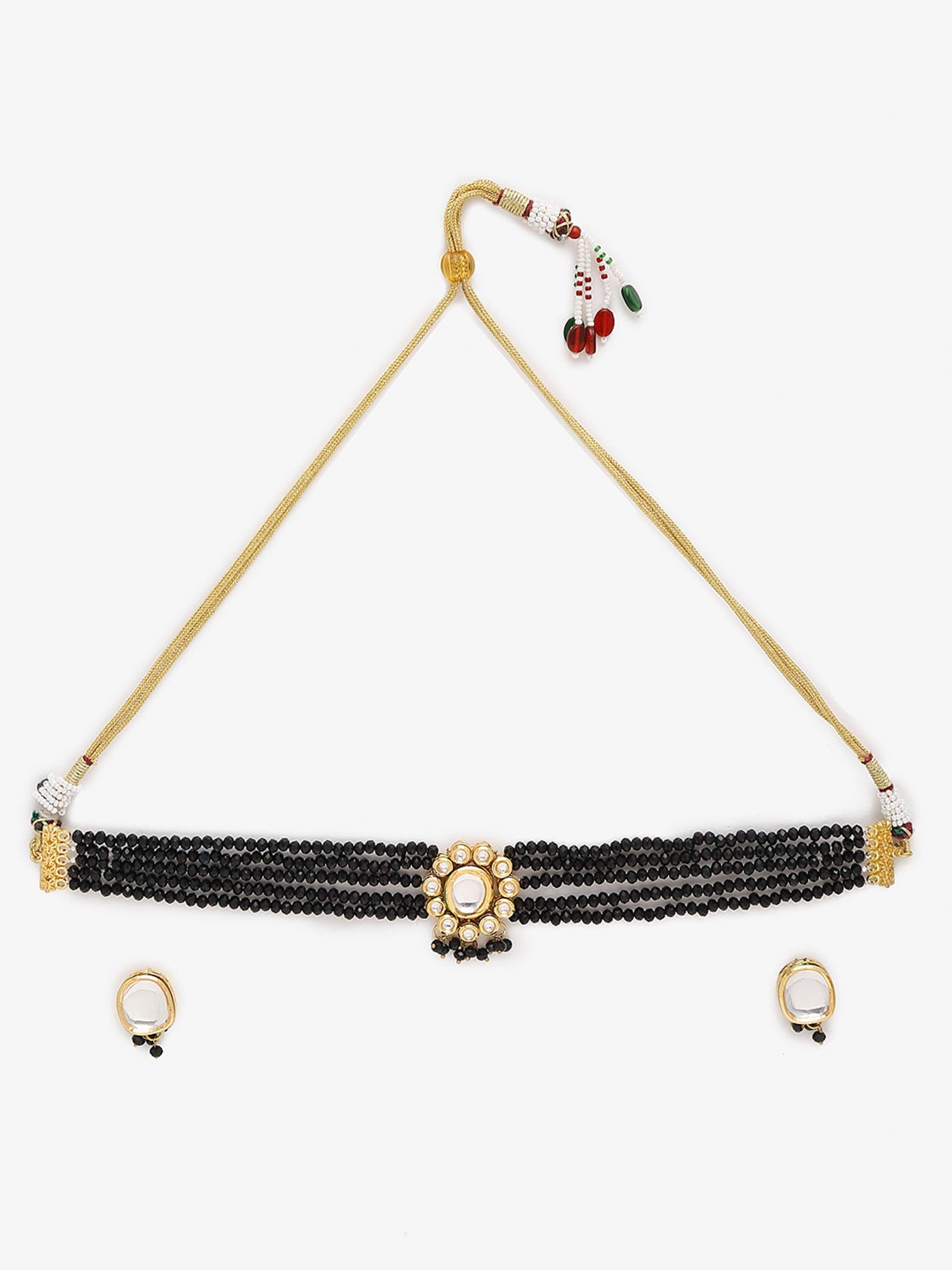 Gold-Polished White Black Kundan-Studded Beaded Handcrafted Jewellery Set - Ruby Raang - Swadesiicart