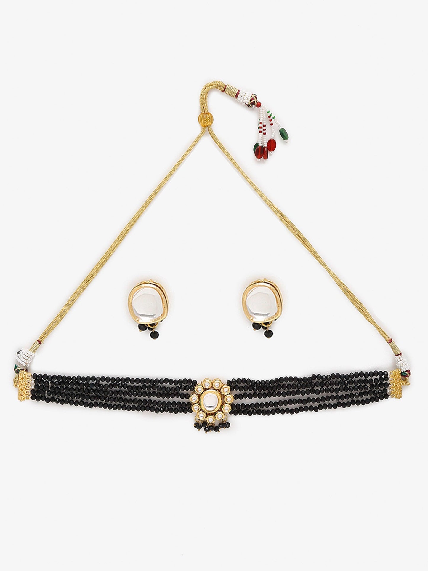 Gold-Polished White Black Kundan-Studded Beaded Handcrafted Jewellery Set - Ruby Raang - Swadesiicart