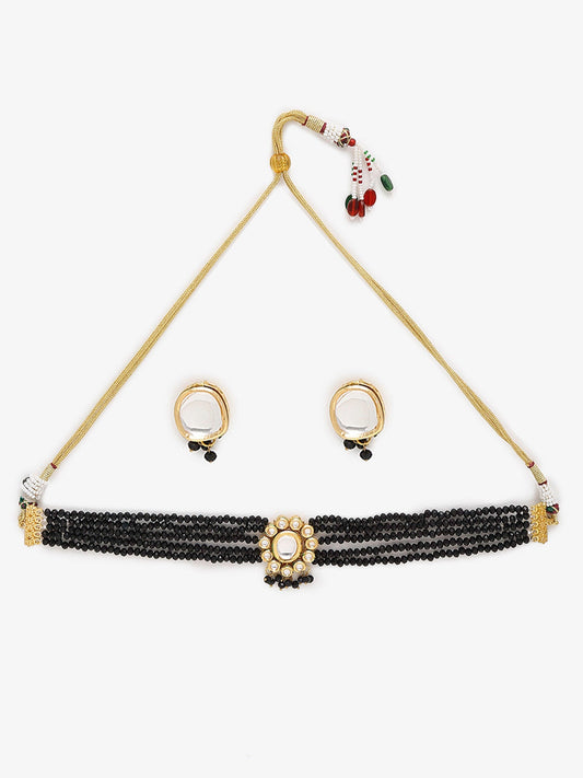 Gold-Polished White Black Kundan-Studded Beaded Handcrafted Jewellery Set - Ruby Raang - Swadesiicart