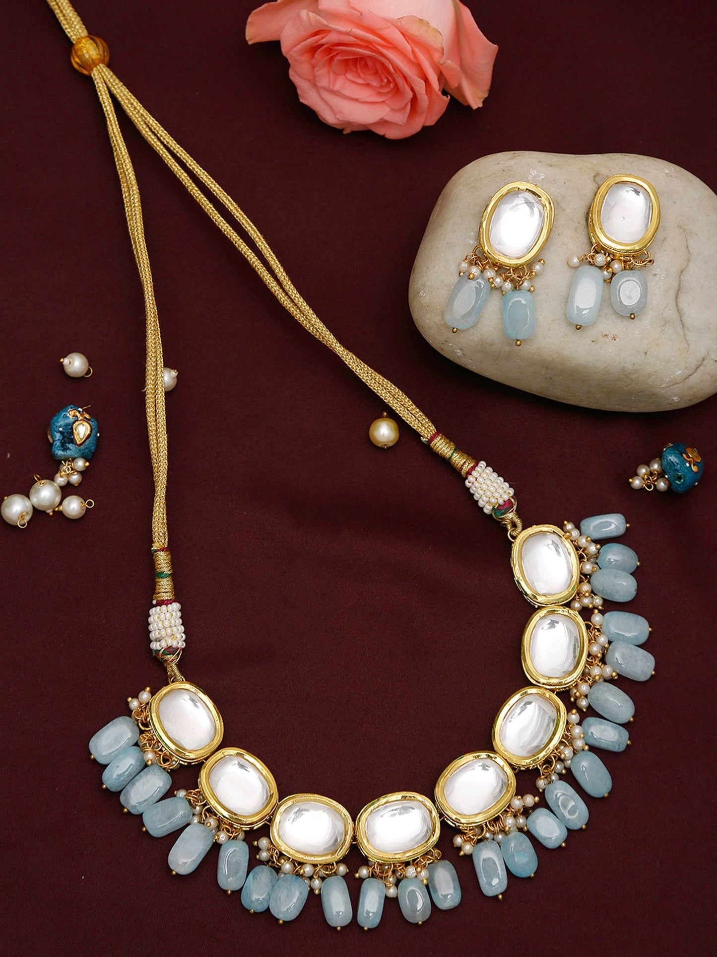 Gold-Polished White Blue Kundan-Studded Pearl Beaded Handcrafted Jewellery Set - Ruby Raang - Swadesiicart