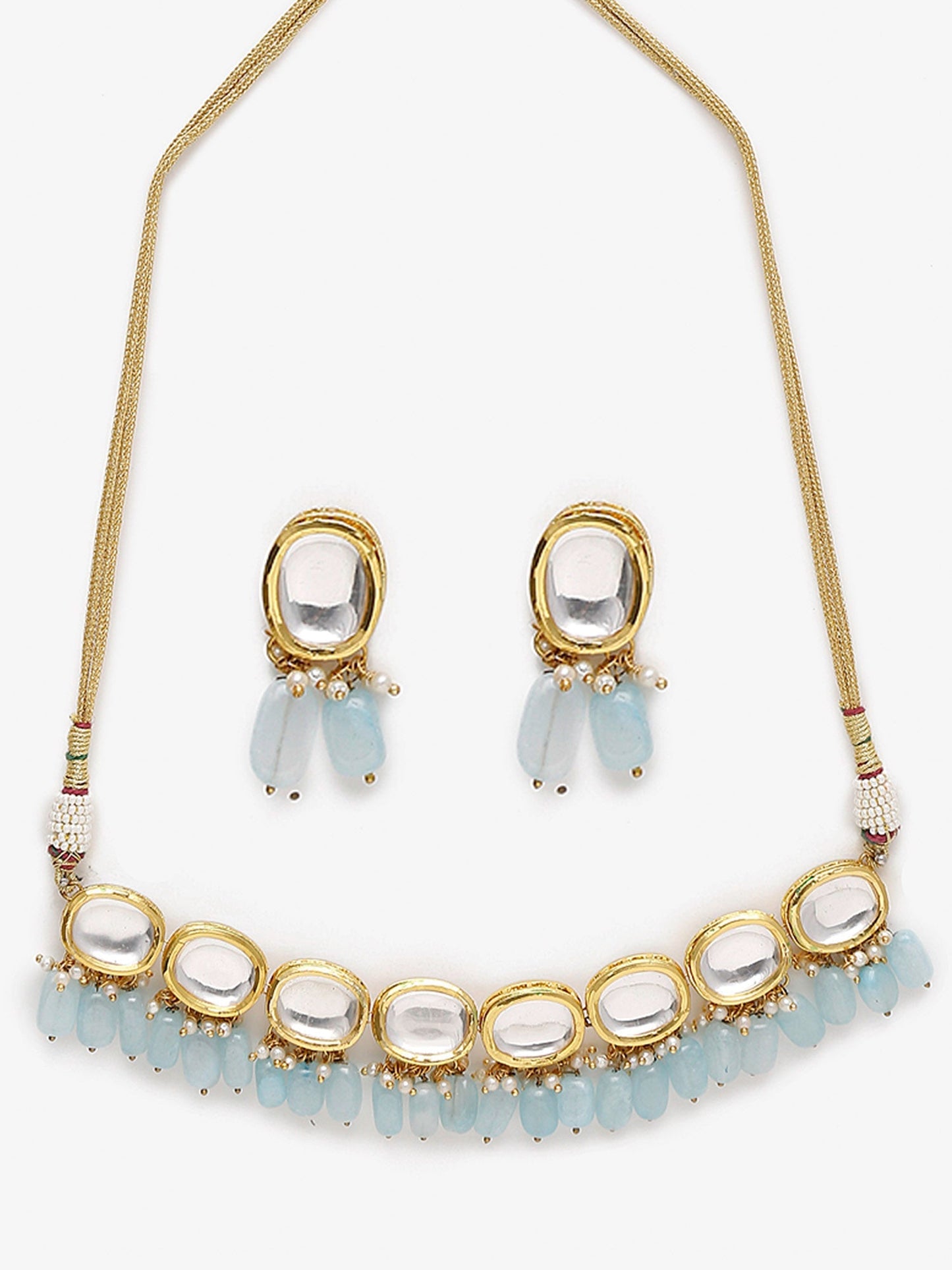 Gold-Polished White Blue Kundan-Studded Pearl Beaded Handcrafted Jewellery Set - Ruby Raang - Swadesiicart