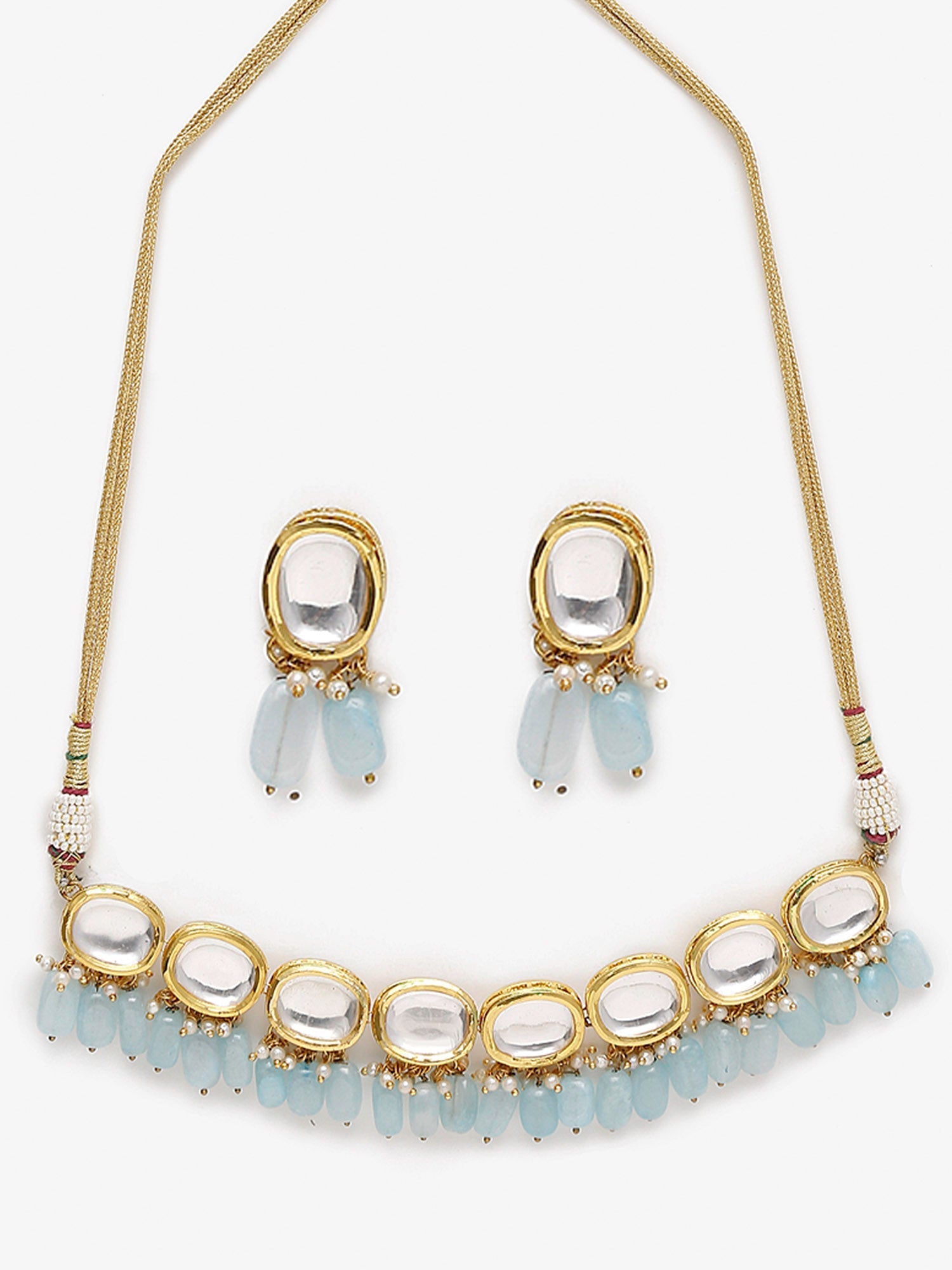 Gold-Polished White Blue Kundan-Studded Pearl Beaded Handcrafted Jewellery Set - Ruby Raang - Swadesiicart
