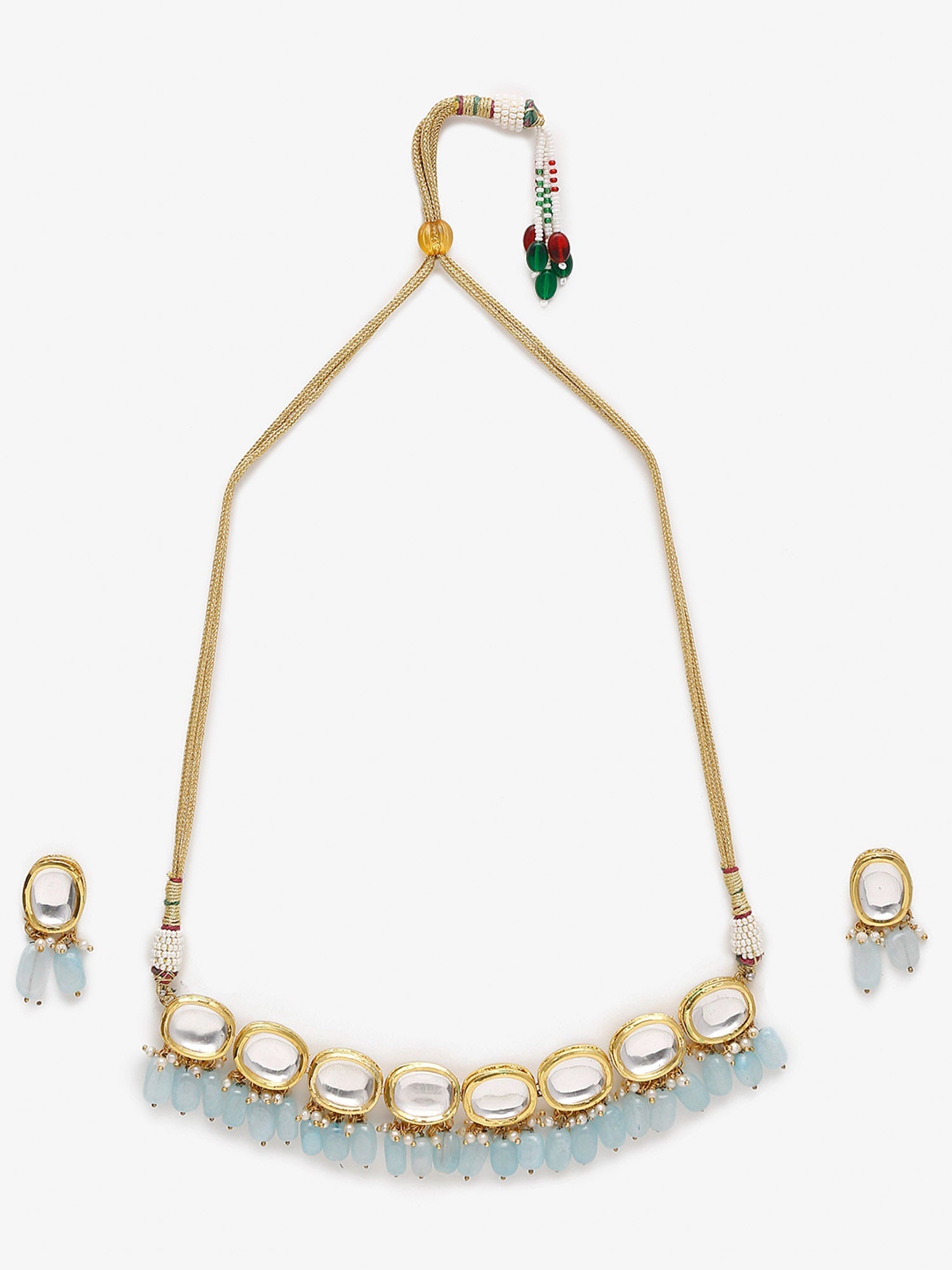 Gold-Polished White Blue Kundan-Studded Pearl Beaded Handcrafted Jewellery Set - Ruby Raang - Swadesiicart
