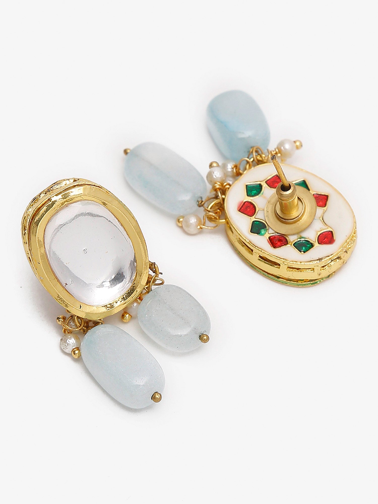 Gold-Polished White Blue Kundan-Studded Pearl Beaded Handcrafted Jewellery Set - Ruby Raang - Swadesiicart