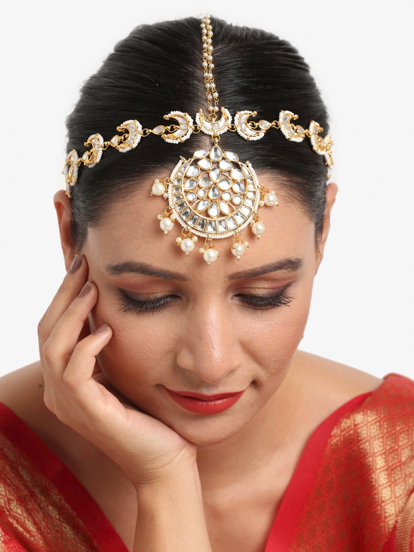 Gold-Polished White Kundan Matha Patti - Ruby Raang | Swadesiicart