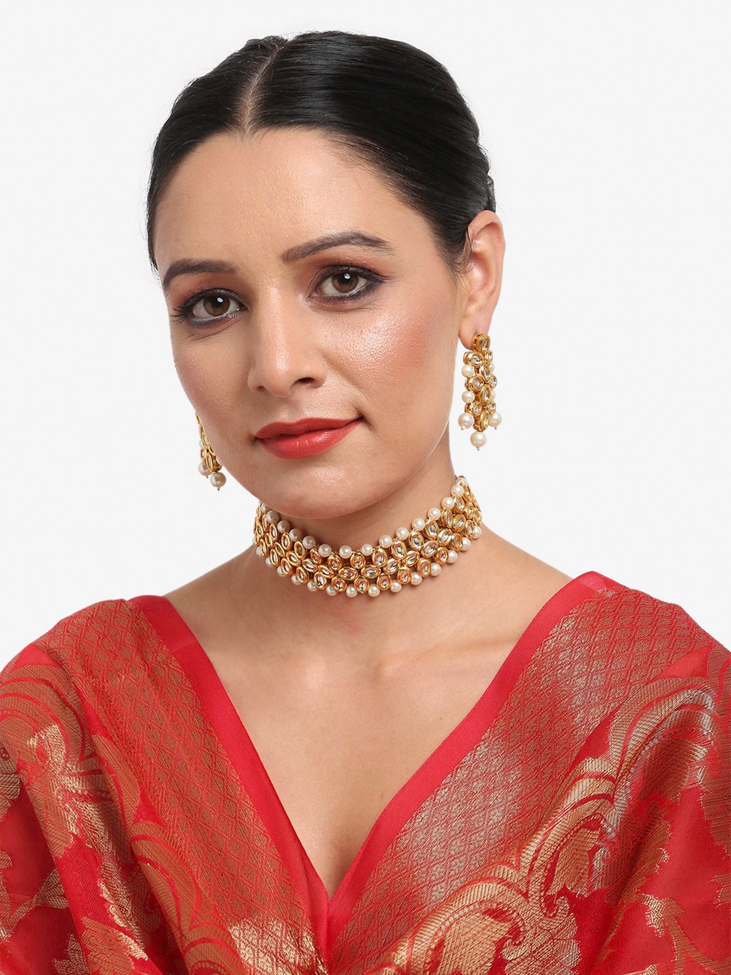 Gold-Polished White Kundan-Studded Pearls Beaded Handcrafted Jewellery Set - Ruby Raang - Ruby Raang Studio